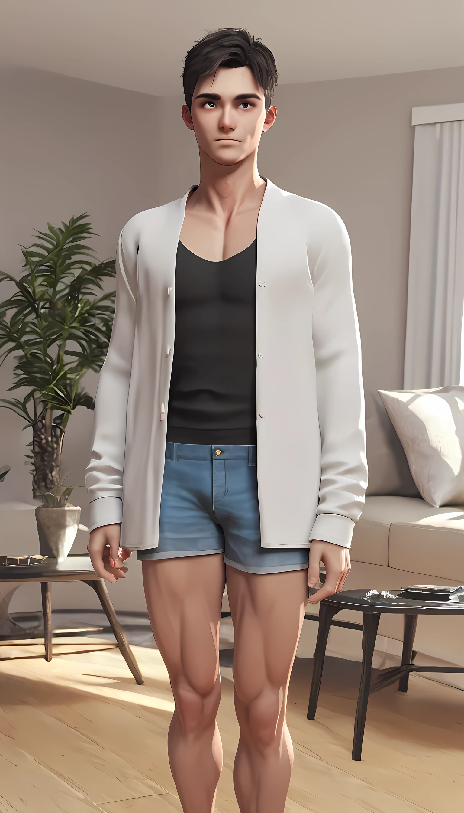 3d render, anime, young male, teenage, caucassian masculine square face, purple hair, tight boxers underwear, best quality, topless, full body view
