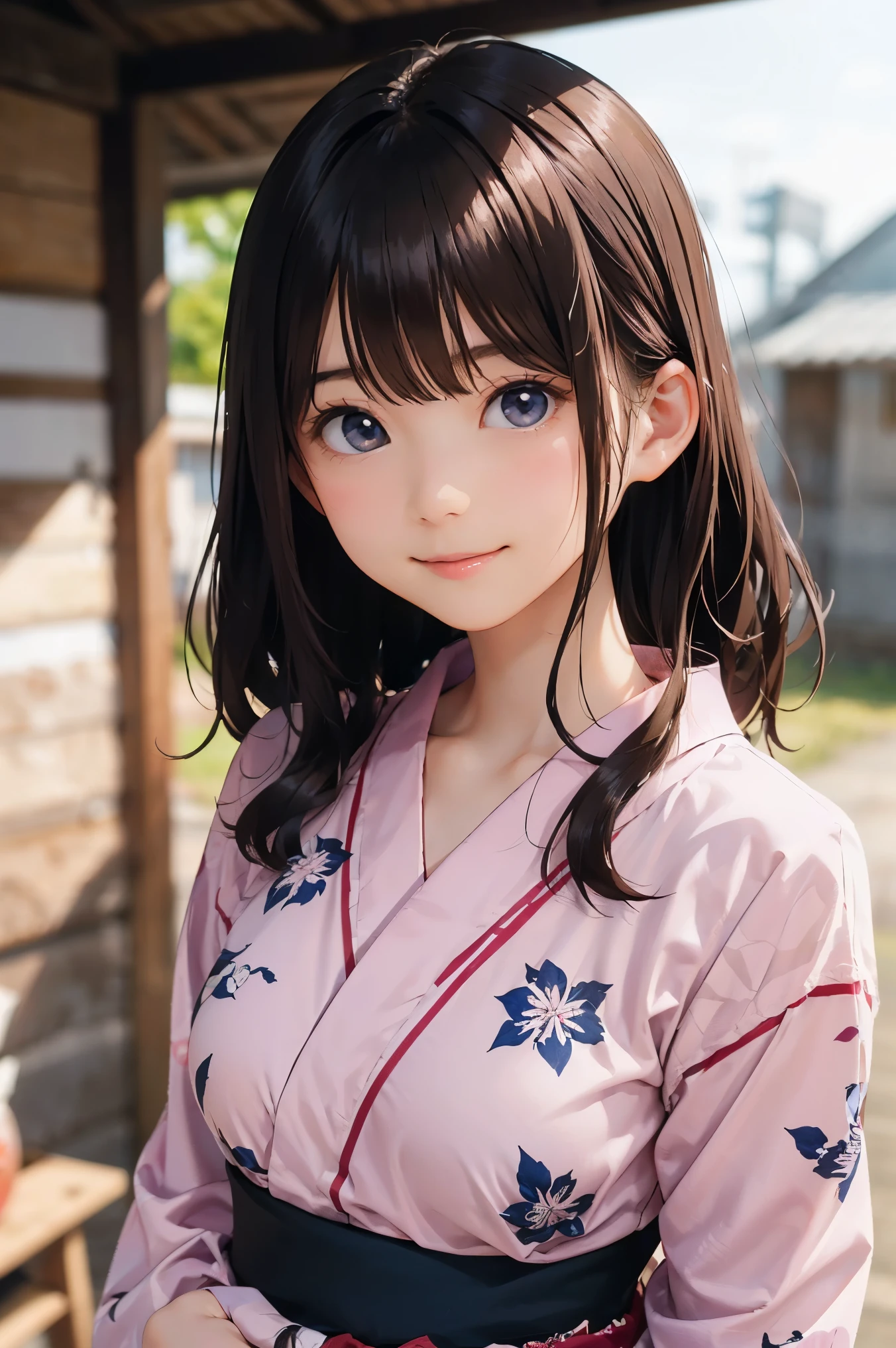 masterpiece,8k, (highest quality), (Best Shadow),((rural area)),Dynamic Lighting, (Maximum resolution), (smile),Backlight,Highly detailed face and skin texture, Delicate eyes, Dark blue eyes, double eyelid, Natural Cheeks, White skin: 1.2, (Glossy lips: 1.4),(pretty girl:1.3),(19 years old), (Wavy long hair), ((Dark brown hair:1.2)),((pink many floral printed red yukata)),(bell sleeves),huga breasts,thigh