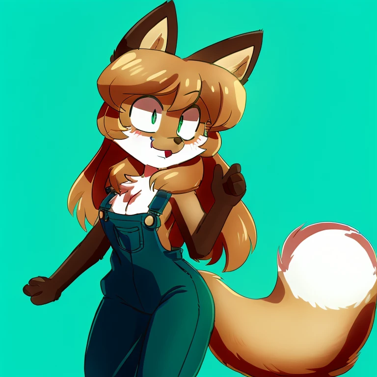 Nervous smiling, uploaded the e621, simple background, beautiful and detailed, woman (((female))) ((anthro)) Fox, (Averi, Fox girl), Fox, (anthro, fluffy fur, character focus:1.1), 1girl, anthro fox girl, body fur, curvy, sexy, nice, cute, hot, sassy hips, sassy, comfortable anime-style cartoon-style, digital drawing, green eyes, SFW, flat chest, hard hat, overalls, wearing overalls, dancing, kazotsky kick, engineer