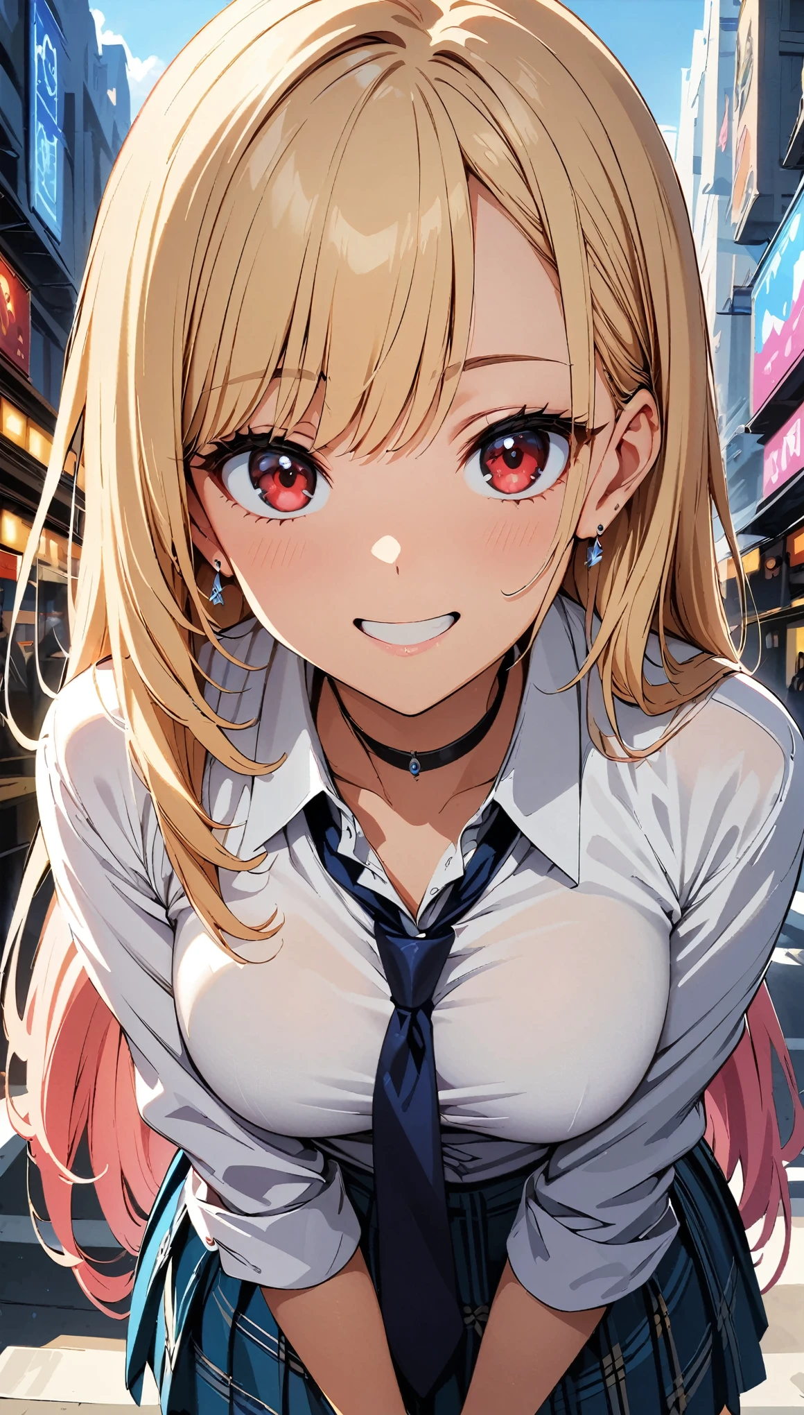 (highest quality:1.2, Anime artwork, Very detailed, High Detail, digital coloring, High Contrast, masterpiece:1.2, highest quality, Best aesthetics), (((kitagawa marin, 1 girl))), Blonde Hair, Straight long hair, Pink gradient hair, Red eyes, Earrings, White shirt, Black choker, Blue tie, Checked skirt, smile, Crouch down, Looking up, Cowboy Shot, Wide-angle lens, bustling street,