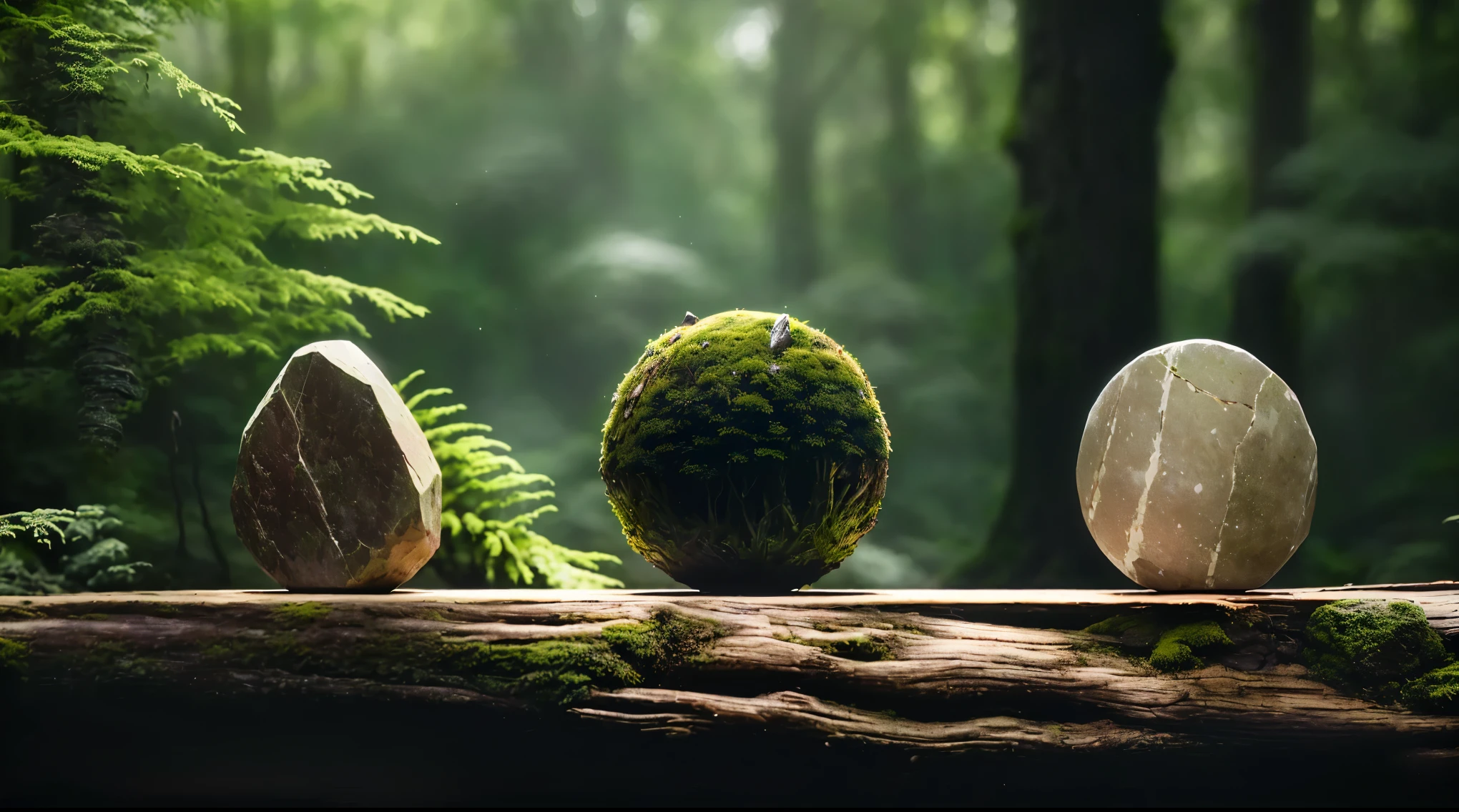 there are three stones sitting on a log in the woods, natural realistic render, zen natural background, strange levitating stones, stone and wood, forest themed, placed in a lush forest, forest theme, stylized photo, moss ball, forest details, ancient wood environment, natural materials, in the art style of filip hodas, large rocks with thick moss