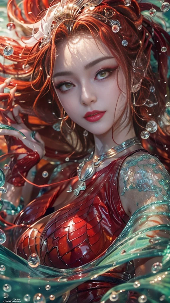 (RAW shooting, 32k:1.5, highest quality, masterpiece, Ultra-high resolution), (Under the sea at night:1.0, moonlight:0.7, Mystical Expressions:1.3, Expressions of sadness:1.0), Fractal Art:1.3, Perfect dynamic composition:1.3, 非常にdetailedな肌と顔の質感:1.3, (Dynamic flow of water waves:1.2, Slim Mermaid:1.2, Mermaid tail), Looking up at the audience, Fair skin:1.1, Incredibly slim body:1.2, Very beautiful face:1.1, Water droplets on the skin, detailed, (Rain drips down on my body:0.9, Wet body:0.9, Wet Hair:0.9), (Posing Pro:0.9, With a wet bouquet:0.9, Gorgeous red shiny mermaid dress portrait:1.2, Woven Belt), Shapely breasts, (Big eyes that exude beautiful eroticism:0.5, Lips that exude beautiful eroticism:0.5), Totally captivates you, Very sweet atmosphere, necklace, Earrings, bracelet