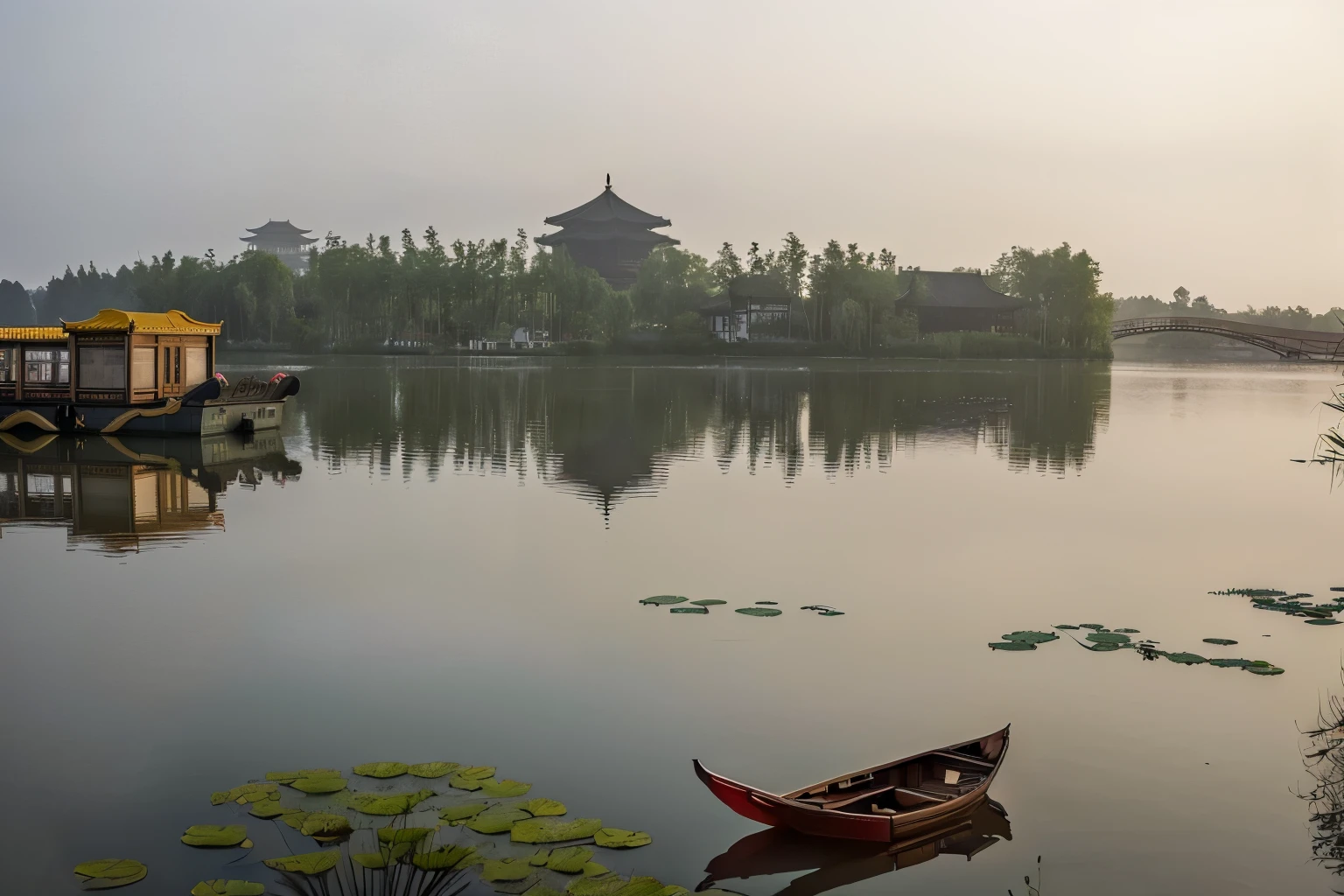 there is a small boat that is floating in the water, Tranquil scenery, Calm morning, On the calm lake, Hangzhou, peaceful scene, temple in the distance, in a foggy pond, Chinese scenery, Lotus,Lotus,by Xia Yong, author:Shi Rui, early morning, early morning, author:Yan Liben, Tranquil scenery, Peaceful and tranquil,mist,Scenery photography,HD Photography,Morning glow,arw, Award-winning movie cruise ship,