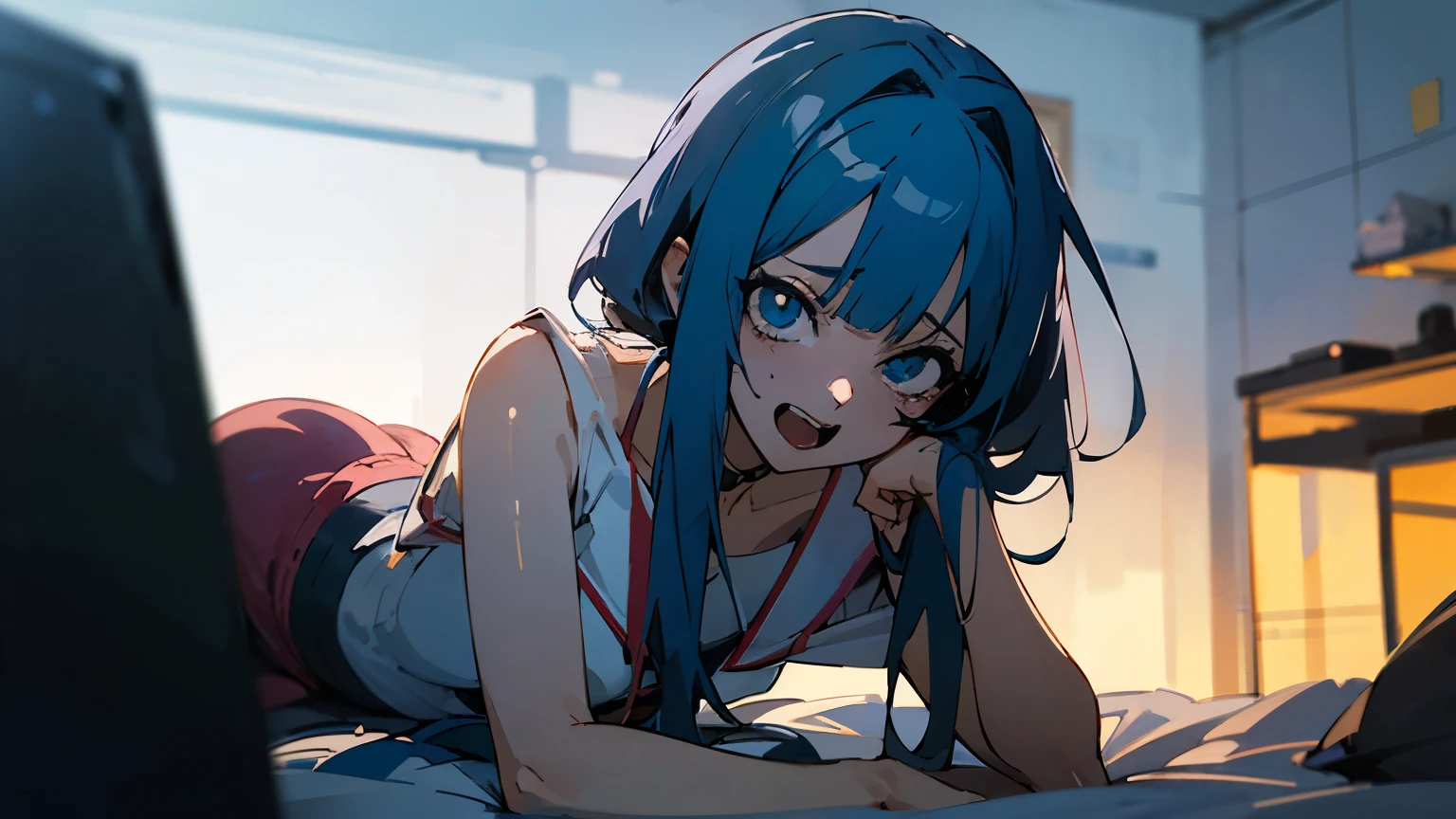 Chica de anime acostada sobre una almohada blanca y esponjosa con auriculares puestos, amigo, Mikudayao, Hatsune Miku, ventana, noche estrellada