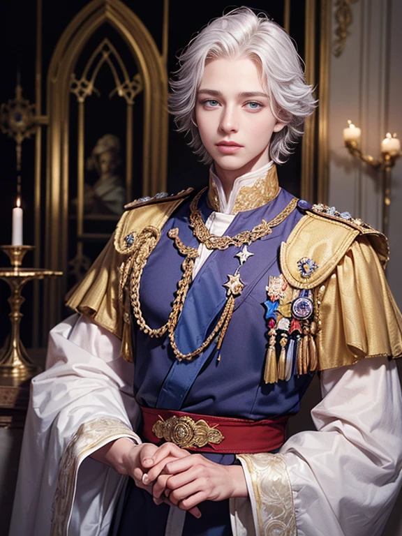 (masterpiece)), (((highest quality))), ((Very detailed)), ((shape)),[Realistic light effects],Handsome prince、Detailed face inside the castle、Bright expression、young, Brighter, 、Best Looks、Purple Eyes、Ultimate beauty、White hair with shiny highlights、Shiny bright short hair,、,Realistic Light, Detailed skin, (One beautiful 25-year-old prince:1.5), fine grain,,
