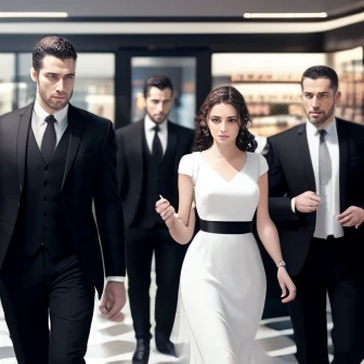 a group of jewish people in a shopping center, wearing black pants, white dress shirts, closed vests, detailed facial features, highly detailed, photorealistic, master lighting, ultra-detailed, 8k, best quality, realistic, dramatic lighting, intricate details, beautiful composition, cinematic, moody atmosphere, dynamic pose