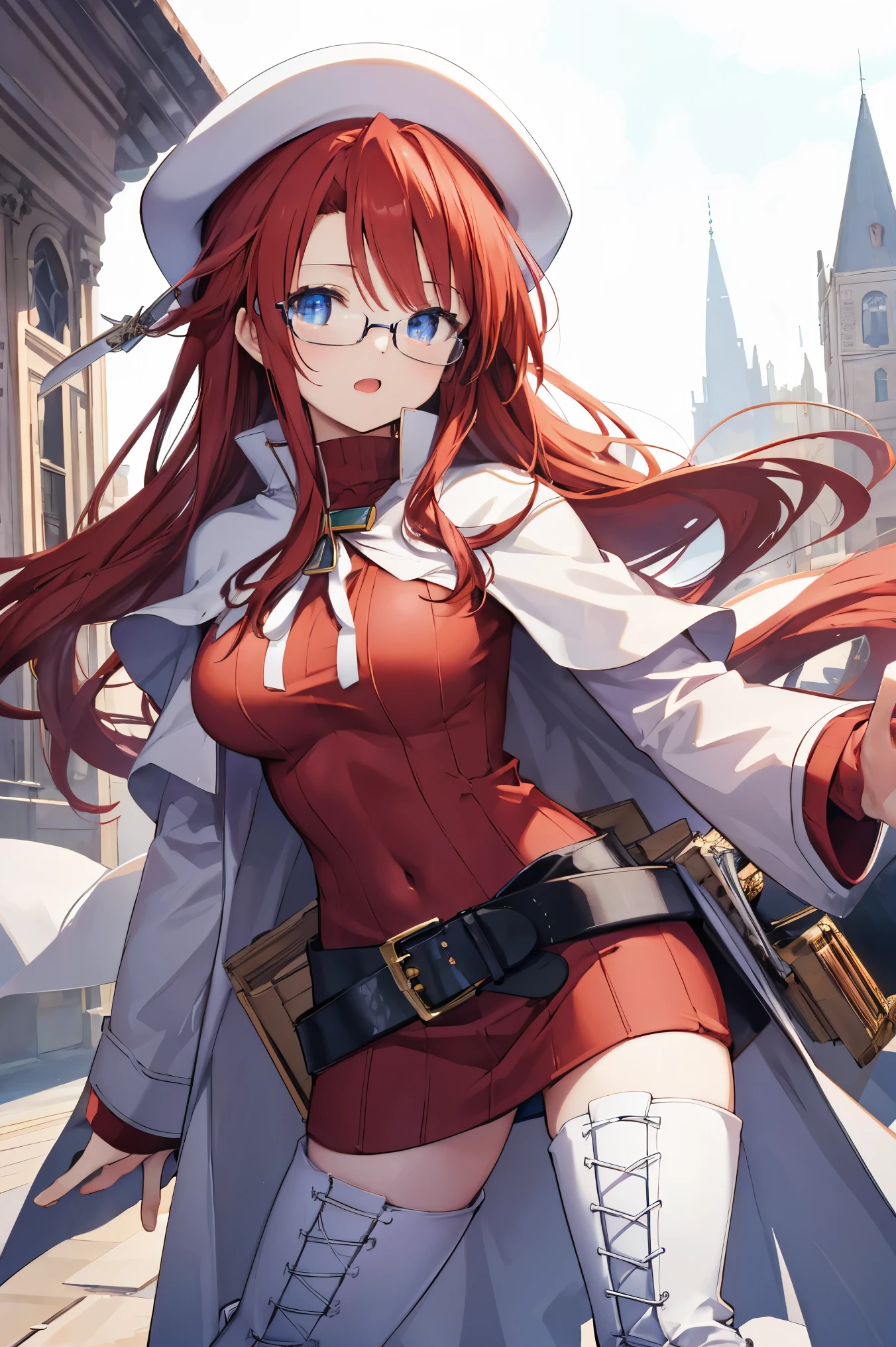 summonnightaty, aty, (young:1.3),long hair, blue eyes, red hair, large_beret, hat, glasses,
BREAK long hair, thighhighs, hat, dress, boots, glasses, belt, cape, sweater, zettai ryouiki, beret, thigh boots, white footwear, ribbed sweater, loose belt,solo,
BREAK outdoors, fantasy,on_cobblestone
,,Highquality_hads,perfect_fingers,
BREAK (masterpiece:1.2), best quality, high resolution, unity 8k wallpaper, (illustration:0.8), (beautiful detailed eyes:1.6), extremely detailed face, perfect lighting, extremely detailed CG, (perfect hands, perfect anatomy),covered_nipples,covered_navel ,half_eyes:,long_sword,armpit,sleepy,dynamic_fighting_pose,barrel,red_sweater,apart_legs,magical_effect,spread_legs, have_a_book,teacher,rise_knee,open_mouth,rise_hand,