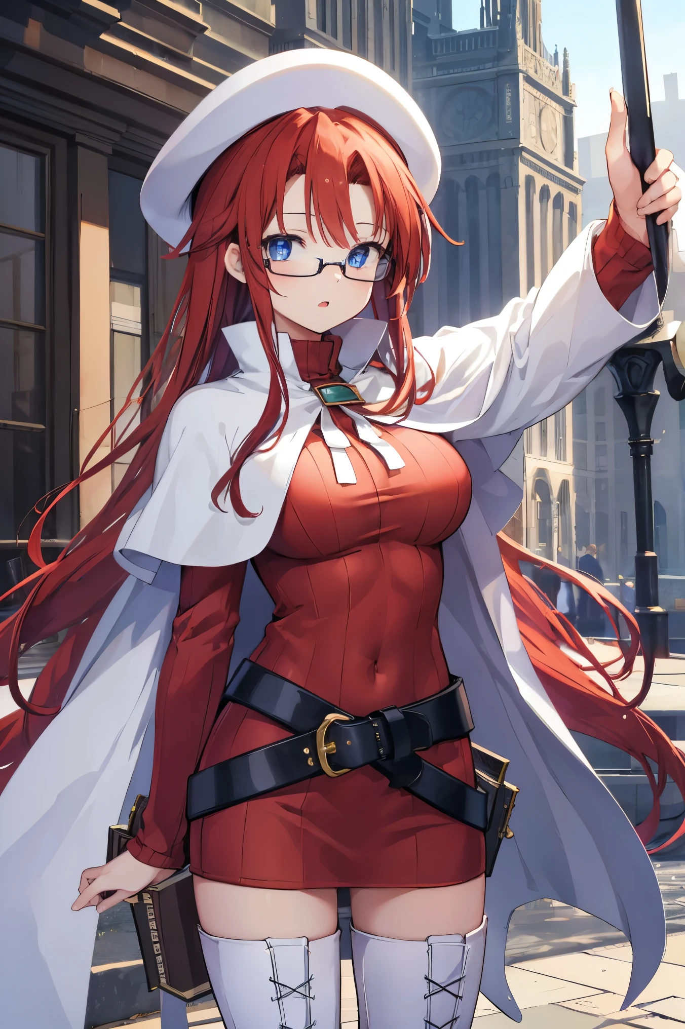 summonnightaty, aty, (young:1.3),long hair, blue eyes, red hair, large_beret, hat, glasses,
BREAK long hair, thighhighs, hat, dress, boots, glasses, belt, cape, sweater, zettai ryouiki, beret, thigh boots, white footwear, ribbed sweater, loose belt,solo,
BREAK outdoors, fantasy,on_cobblestone
,,Highquality_hads,perfect_fingers,
BREAK (masterpiece:1.2), best quality, high resolution, unity 8k wallpaper, (illustration:0.8), (beautiful detailed eyes:1.6), extremely detailed face, perfect lighting, extremely detailed CG, (perfect hands, perfect anatomy),covered_nipples,covered_navel ,half_eyes:,long_sword,armpit,sleepy,dynamic_fighting_pose,barrel,red_sweater,apart_legs,magical_effect,spread_legs, have_a_book,teacher,rise_knee,open_mouth,rise_hand,