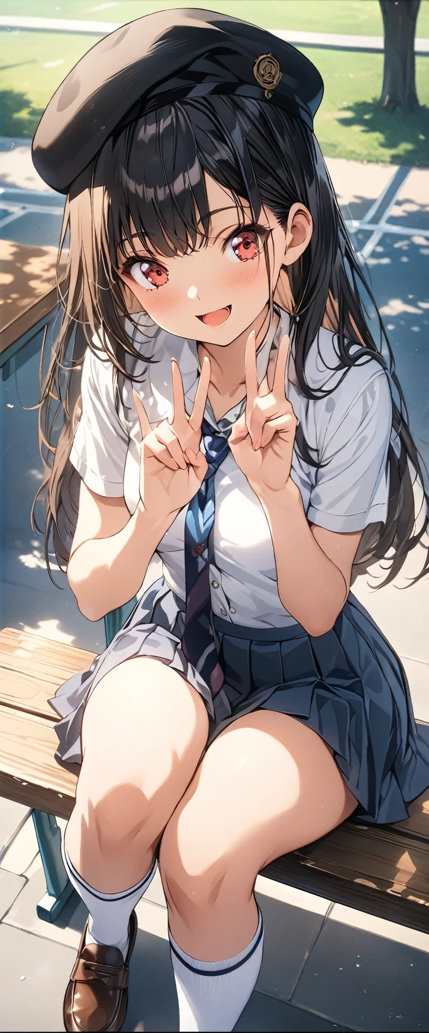 (masterpiece, best_quality), extremely detailed CG unity 8k wallpaper, super fine illustration, (anime_style), Woman posing for a photo, A shy smile, Small open mouth, Long Hair, Straight hair, Fine skin, Beautiful Hands, Beautiful fingers, Wearing a beret, tie, Small breasts, Short sleeve blouse, Pleated skirt, Thighs, Absolute area, Knee socks, loafers, Daytime, Hot summer day, School, Schoolyard, Sitting on a bench, holding Canned juice, Natural light, Detailed face:1.2, Sharp focus, Hasselblad Photos, masterpiece, light makeup, Cinematic lighting, 4k, sharpness, Anime Style, whole body, Canned juice, BREAK looking at another, perfect anatomy, perfect body, (perfect arms), (perfect hands, perfect fingers), perfect legs, perfect feet, perfect toes, 5_fingers, (4_fingers,1_thumbs),