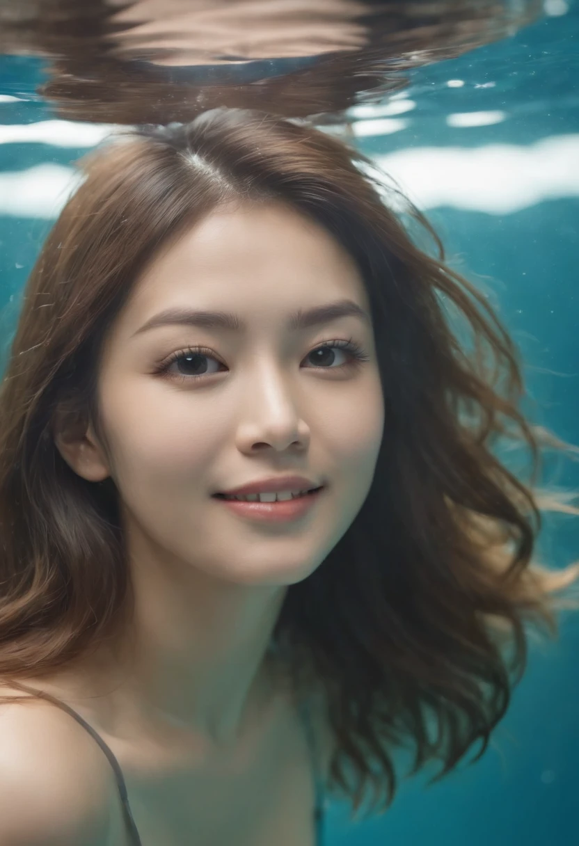 A cute and beautiful Japanese woman in her late twenties with semi-long hair and a voluptuous figure is diving underwater. She is facing the camera with a beaming smile, looking very stylish in a micro bikini. There are many beautiful tropical fish swimming around her.