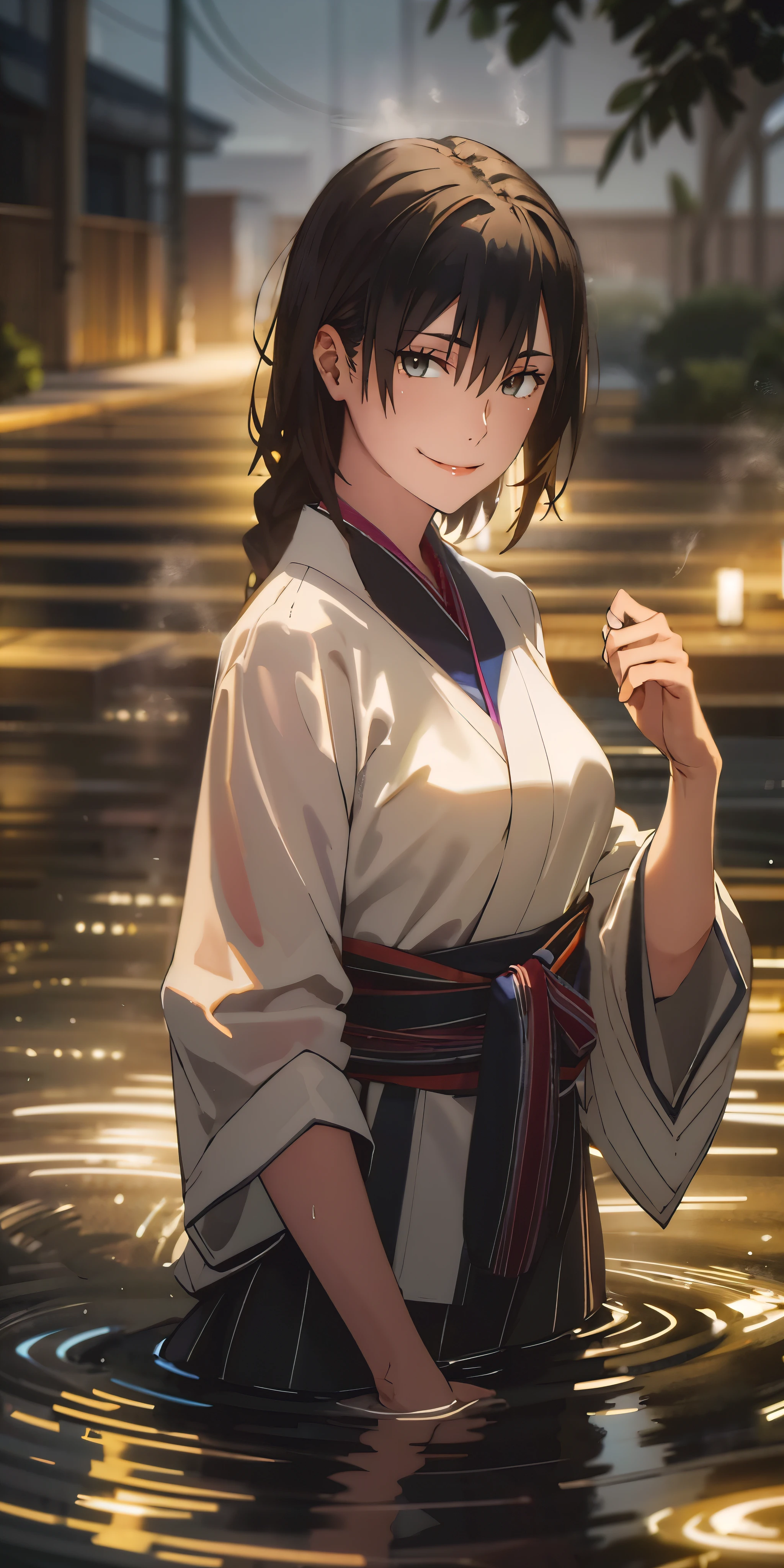 long hair, black hair, yukinoshita haruno, multicolored hair, , curvy, anatomically correct, heavy breathing, breasts 1girl, hair_ornament, hair_flower, flower, wading, solo,  japanese_clothes, water, blurry, black_hair, bangs, depth_of_field, outdoors, holding, standing, smile, closed_mouth, night, looking_at_viewer, hollow eyes, bright pupils, sweating, heavy breathing, steaming face, glowing eyes, purple eyes, expressionless, lazy eyes, "Photorealistic, Hyperrealistic, Hyperdetailed, analog style, soft lighting, subsurface scattering, realistic, heavy shadow, masterpiece, best quality, ultra realistic, 8k, golden ratio, Intricate, High Detail, film photography, soft focus", sweating, steaming body, fog,