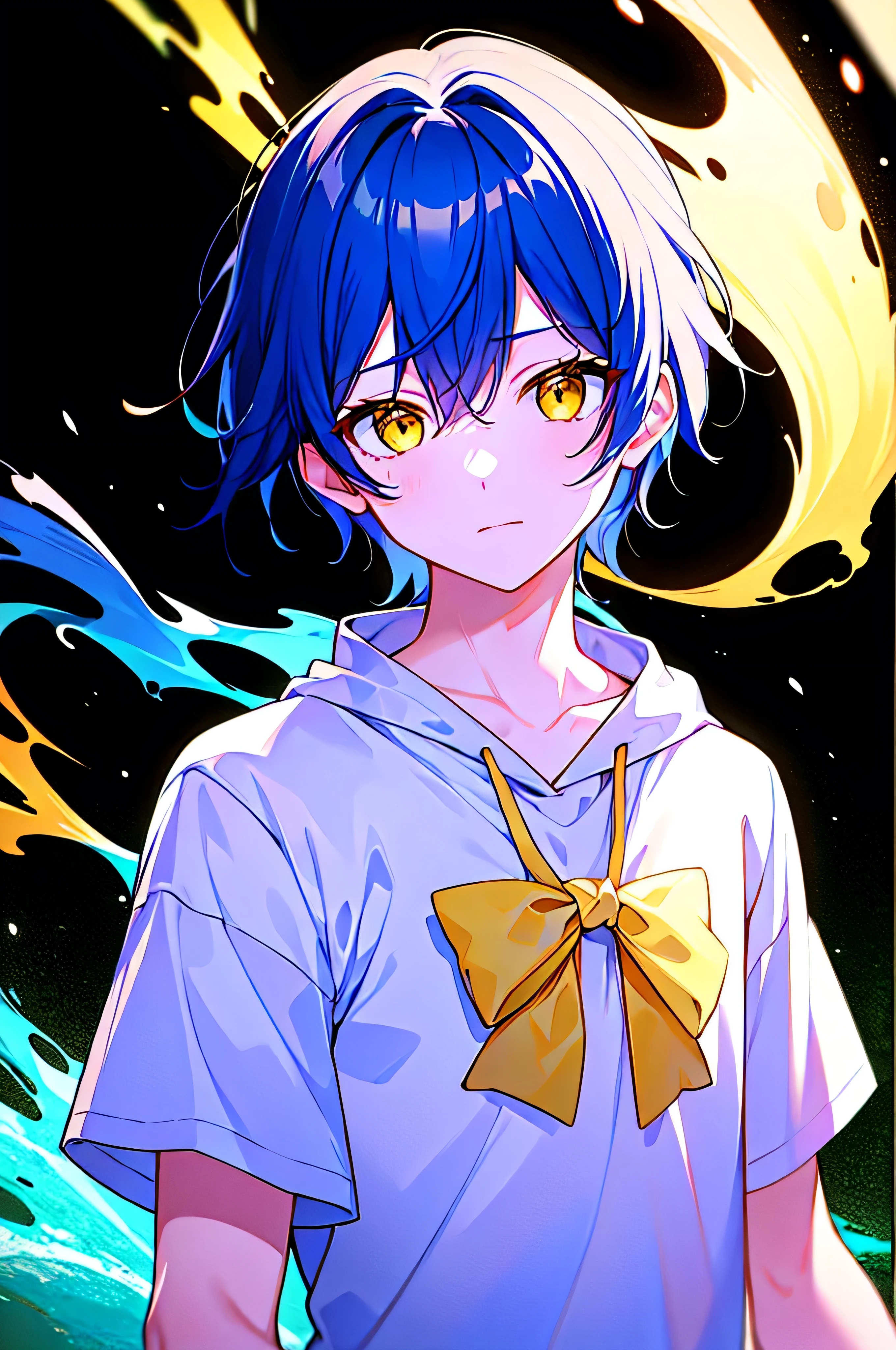 [(BLACK BACKGROUND:1.5),::5], ((((masterpiece)))), high quality, very_high_resolution, large_filesize, upper body, full color, ((younger boy)), , short deepblue hair, vivid color, ((yellow eye)), Summer clothes white, animestyle, (NeonSoda Splash effect:1.3)