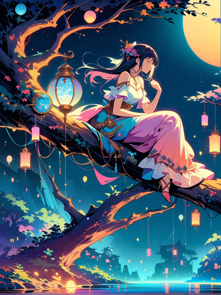 yinji，Romantic ancient style，night，Backlight，A man and a woman sitting on a tree branch，There is a full moon behind，Fresh colors，Soft colors，Diode lamp，Concept art style，Extremely complex details，Clear distinction between light and dark，Structured，Ultra HD, 1yj1