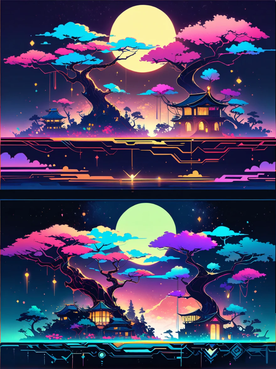 yinji，Romantic ancient style，night，Backlight，A man and a woman sitting on a tree branch，There is a full moon behind，Fresh colors，Soft colors，Diode lamp，Concept art style，Extremely complex details，Clear distinction between light and dark，Structured，Ultra HD, 1yj1