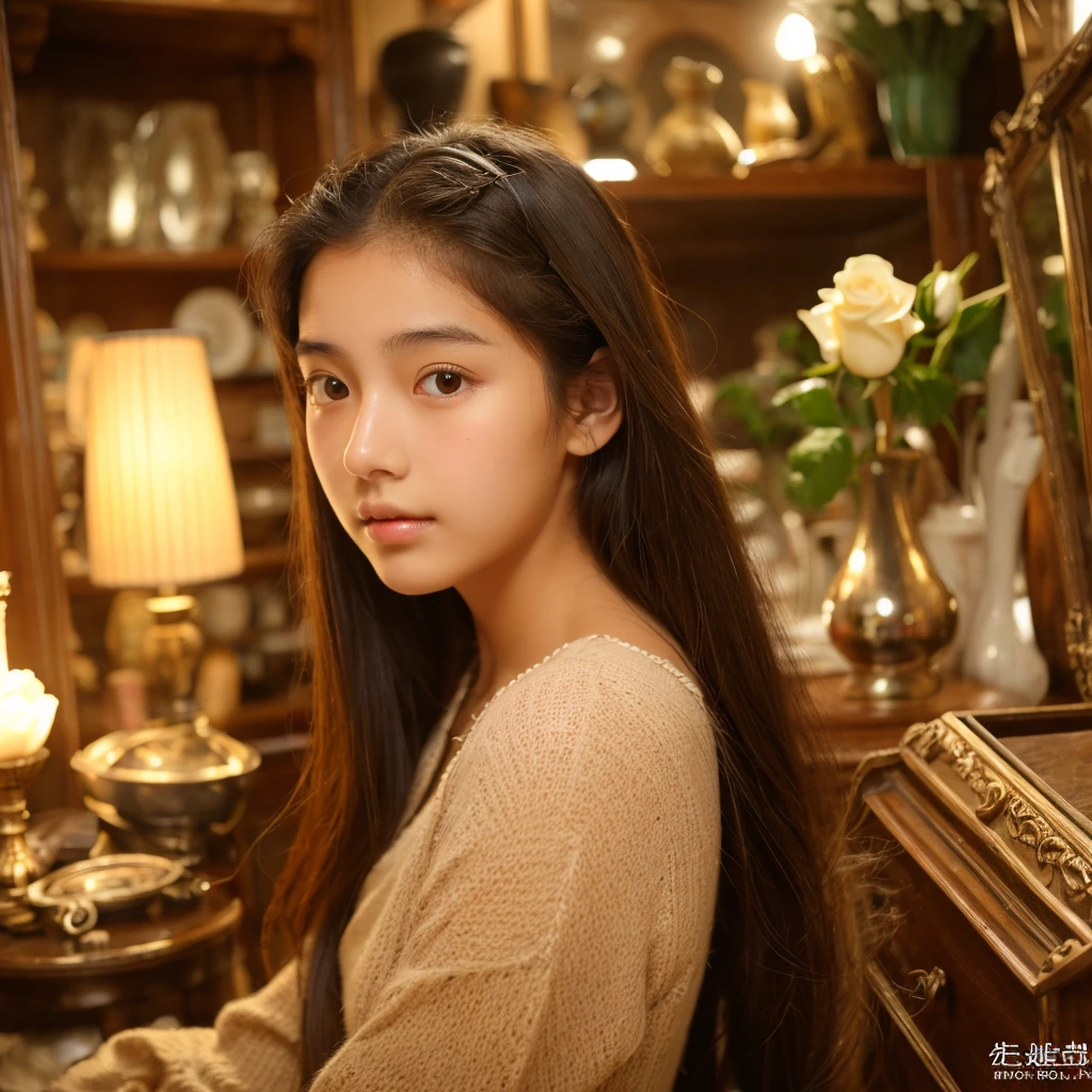 Best quality, masterpiece, super high resolution, 15 year old girl with 60% heart and 20% oblong face shape, lightly tanned skin,  round, downturned and wide set shape of eyes, downturned rose brown lips,155 com in height, lost in a workd of ancient treasures and antiques