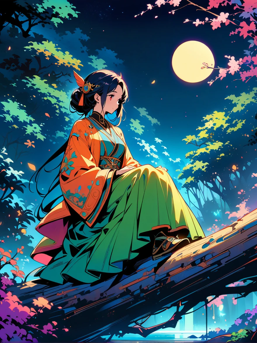 yinji，Romantic ancient style，night，Backlight，A man and a woman sitting on a tree branch，There is a full moon behind，Fresh colors，Soft colors，Diode lamp，Concept art style，Extremely complex details，Clear distinction between light and dark，Structured，Ultra HD, 1yj1