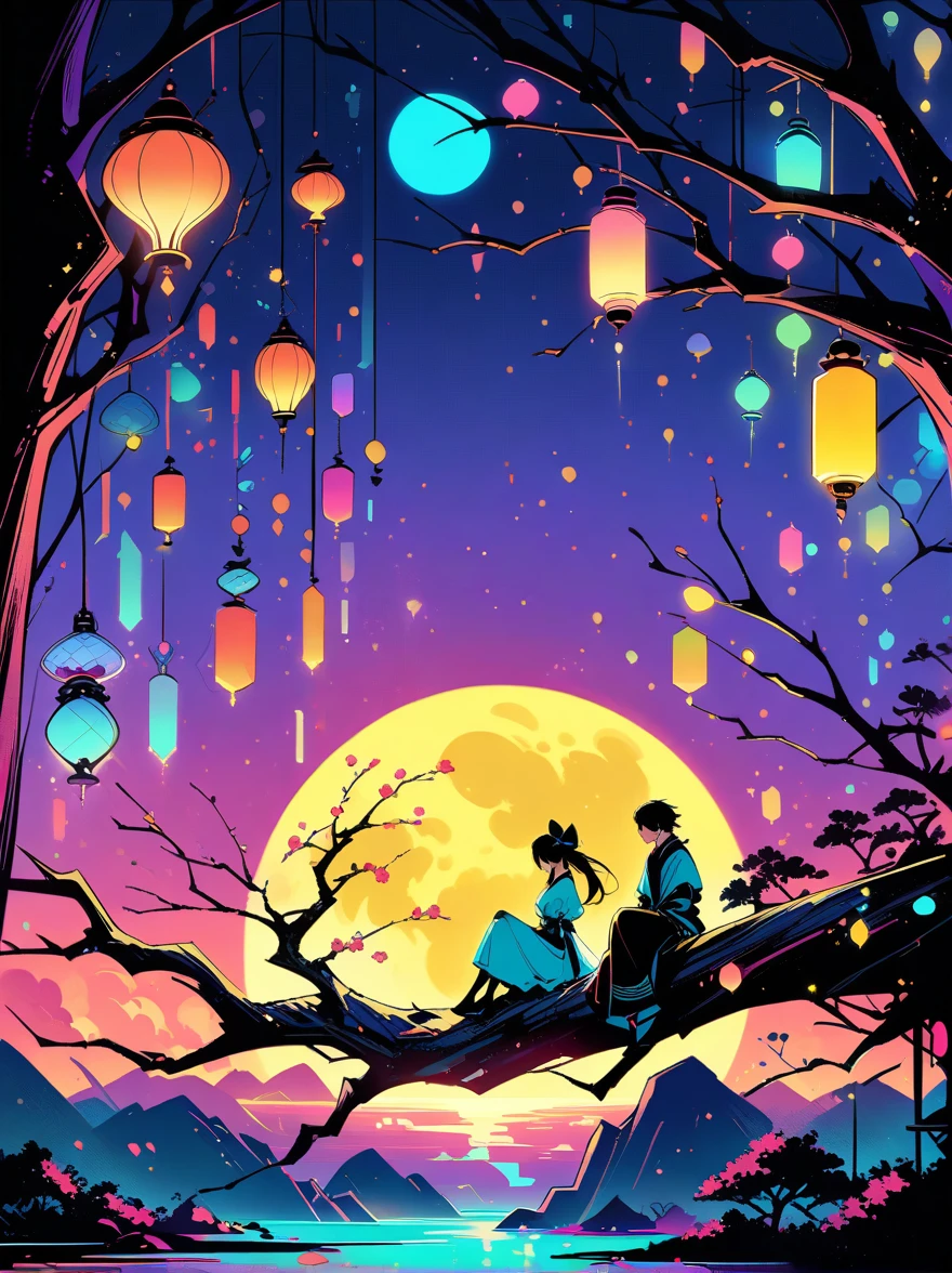 yinji，Romantic ancient style，night，Backlight，A man and a woman sitting on a tree branch，There is a full moon behind，Fresh colors，Soft colors，Diode lamp，Concept art style，Extremely complex details，Clear distinction between light and dark，Structured，Ultra HD, 1yj1