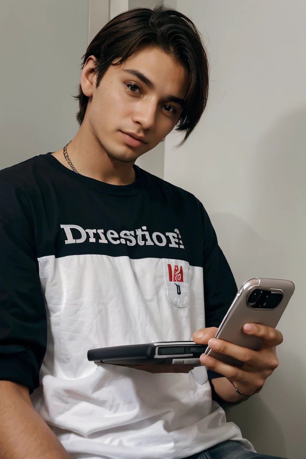 Um jovem HOMEM segurando um smartphone, with a nervous expression, enviando uma mensagem de texto (DM) para sua crush no Instagram. Phone screen shows heart emojis and cute text message.
Texto no topo: "Declaration of Love in the 21st Century"
Texto na parte inferior: "Ei, You're so beautiful you made my Wi-Fi go down. 😍📱❤️"