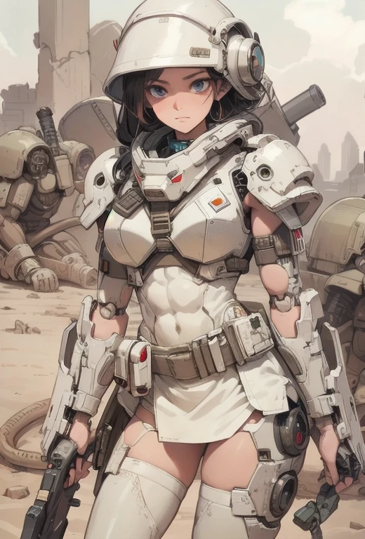 (detailed illustrations,Very detailed and precise drawing,Delicate drawn lines with tempo,Realistic texture expression),[color traced main line],(Martian battlefield [Desert Ruins]),[solo],HENTAI ((ANIME) BIONICGirl) Beauty (14 years old))((muscular)) [SKINNY],cyborg [MACHINEARMY Mobile Infantry Military],Bullet belt [Hood cloak [Brute knife]] [Heavy Mace [javelin]] [[Shells Mortars Grenades]],gravure [[cat fight]] Battle Damage,[retro future],(intricate and beautiful decoration [Dense detail]),(Fine and beautiful skin expression [transparency]),[Perfect eyes detailed (Beautifully detailed iris)[eyes like jewels]],[long and beautiful eyelashes],[precisely drawn hair [Beautiful and lustrous hair detailed]],(Perfectly hand detailed [Beautiful fingers with no damage [beautiful nails]]),(perfect anatomy(perfectly balanced proportions))[[full body portrait]],[[Design built to the highest level]][ideal color coordination(Accurate simulation of light and material interactions)],([Precision Detail](detailed,High definition)),[Visual art that tells a story].