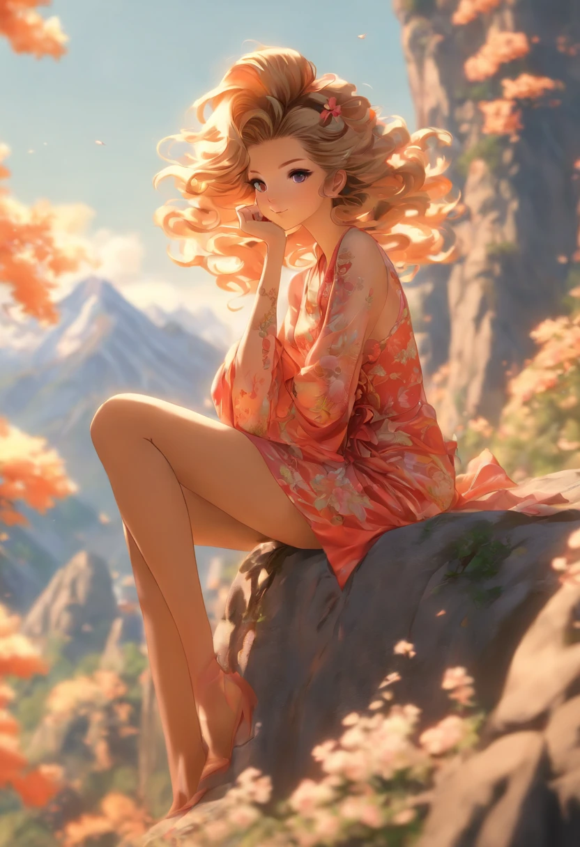 (Full body:1.5)，(1girl in:1.3),(view the viewer:1.4)，(anatomy correct:1.4),(opaque pantyhose and pointed thick heels,, :1.3),(Sitting at the top of a mountain:1.2),(Wearing a floral dress in Chinese style:1.2),short hair flowing golden:1.2),(Accurate and perfect face:1.3),(Long legs:1.3),hyper HD, Ray traching, reflective light， Structurally correct, awardwinning, high detailing, Lighten the shade contrast, Face lighting ，Cinematic lighting, masutepiece, super detailing, High quality, high detailing, Best Quality,  K，High contrast,