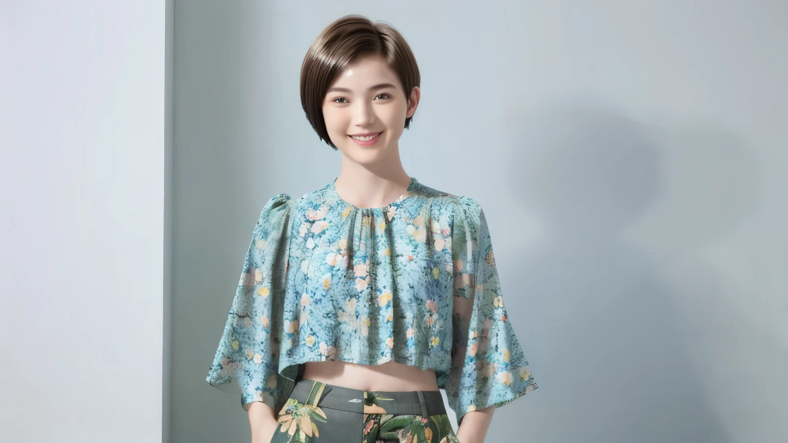 230 (18-year-old female,Floral clothes),  ((short hair:1.46)),  (Pants Style), (A kind smile)