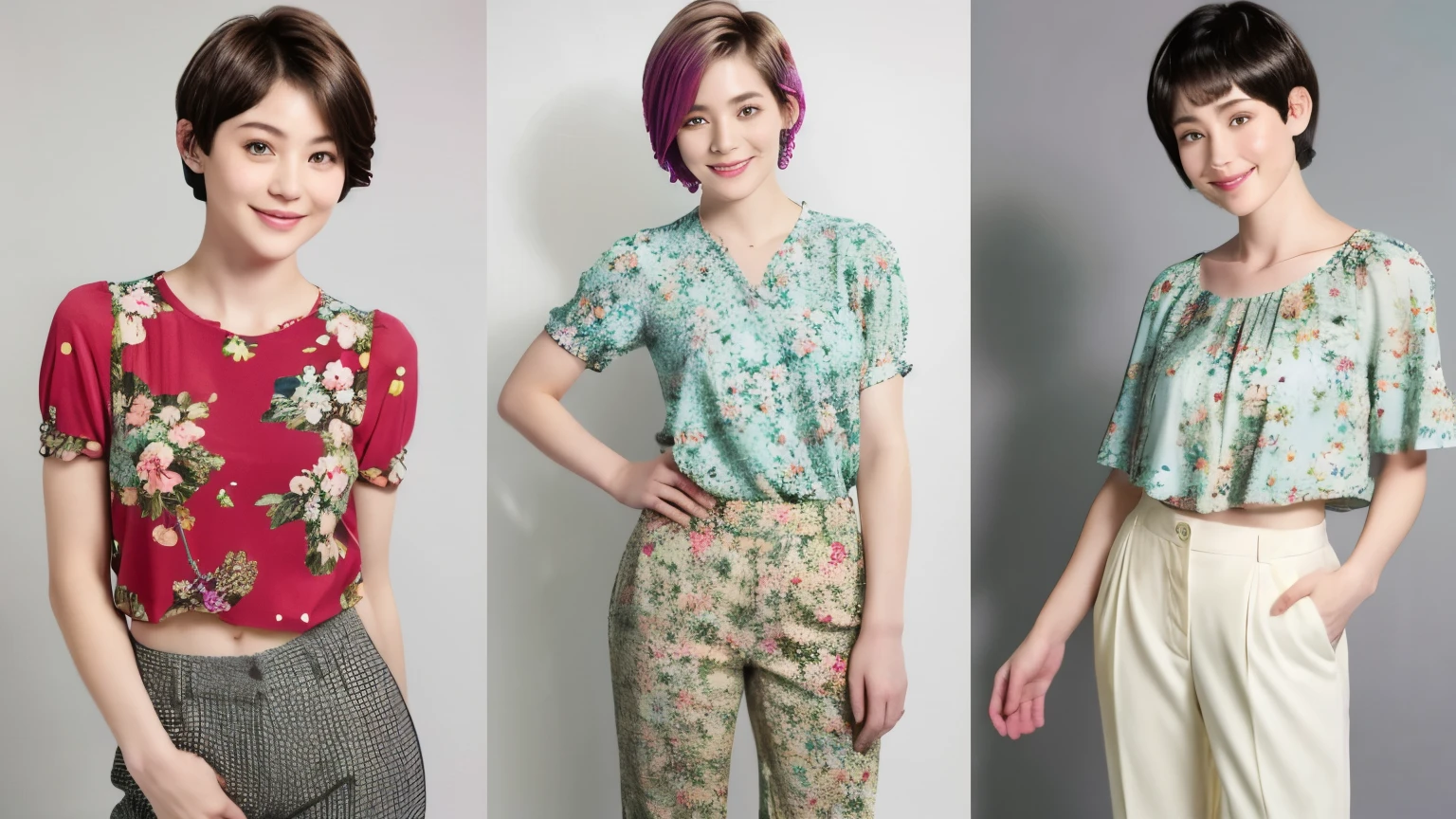 230 (18-year-old female,Floral clothes), ((short hair:1.46)), (Pants Style), (A kind smile)