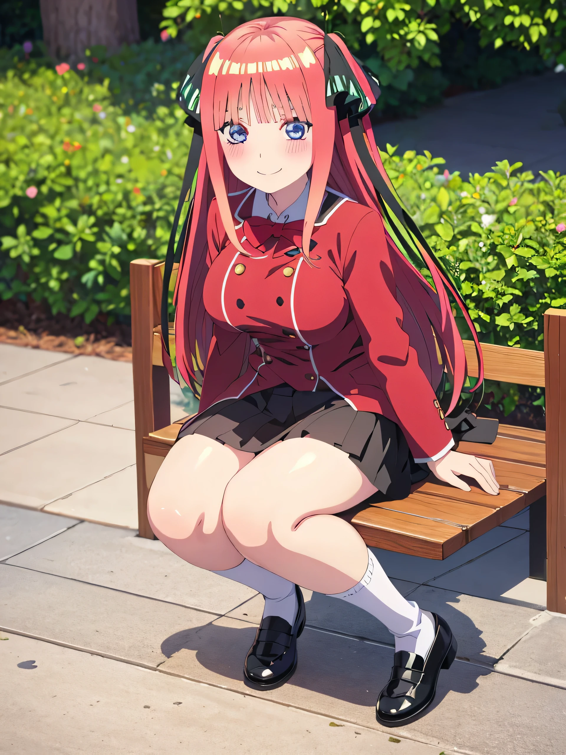 best quality, ultra-detailed masterpiece, anime art style, cute characters, nino nakano, breasts, blush, smile, full body, uniform