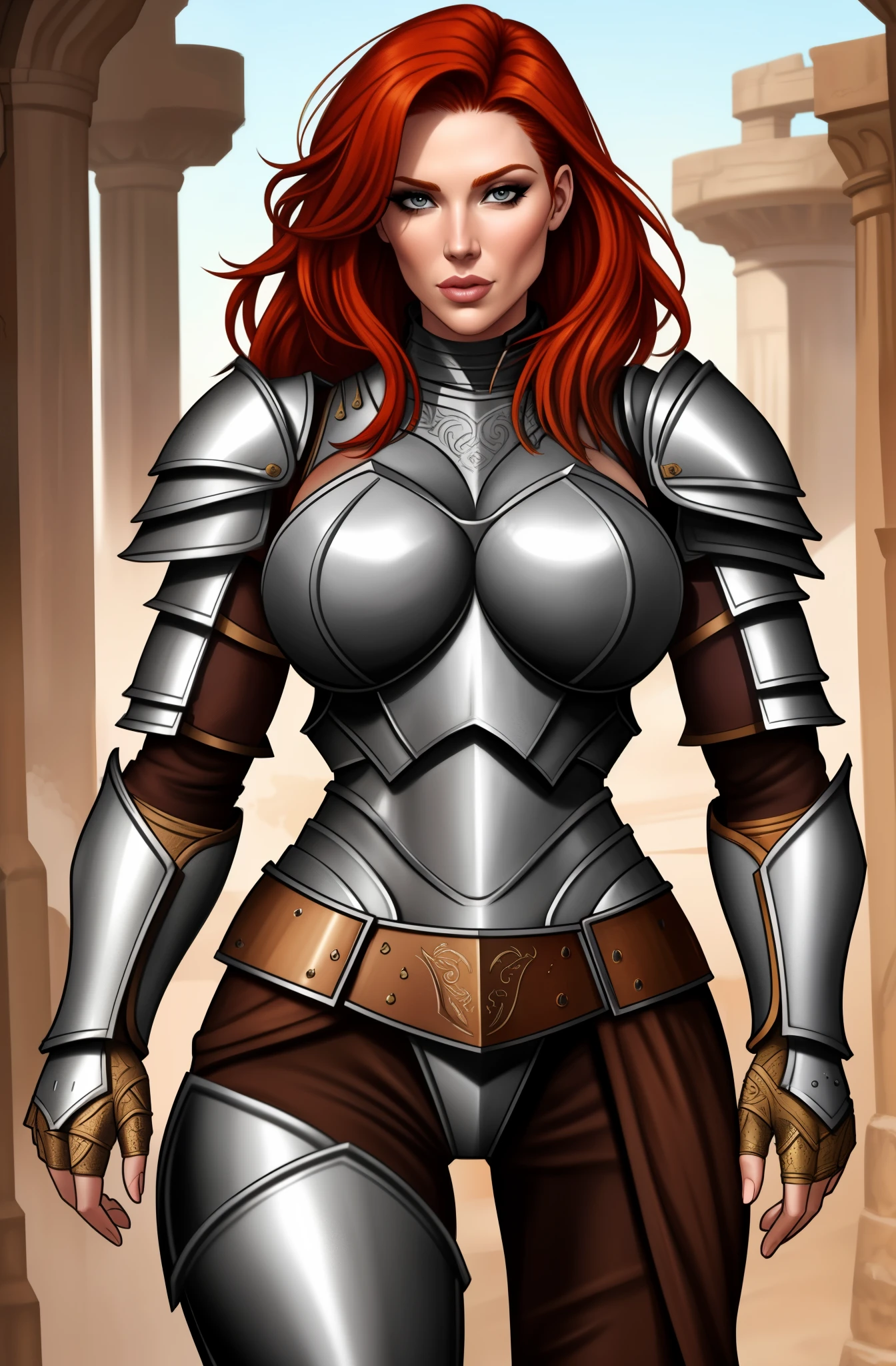 Jennifer Korbin, ginger hair, sexy female gladiator, wearing armour, heavy armour