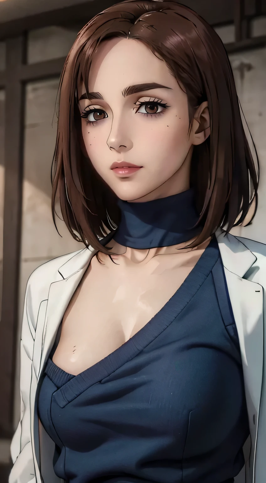 (best quality:1.3), (4k quality),(sharp image), Shoko, ((Detailed face)), ((masterpiece face)),((perfect detailed eyes)) (blush), Shoko, brown hair,  brown long  hair, brown eyes, red lips, red lips, sly face, face with stern features, ((detailed face)), perfect face, highly detailed eyes, masterpiece, absurdres , (intricate details), (colorful),cinematic lighting,extremely detailed CG unity 8k wallpaper , 1girl, solo,mature female, erected tits, black high heels, white medical gown, blue sweater, blue jeans, hospital, (perfectly shaped small tits), standing in seductive pose 