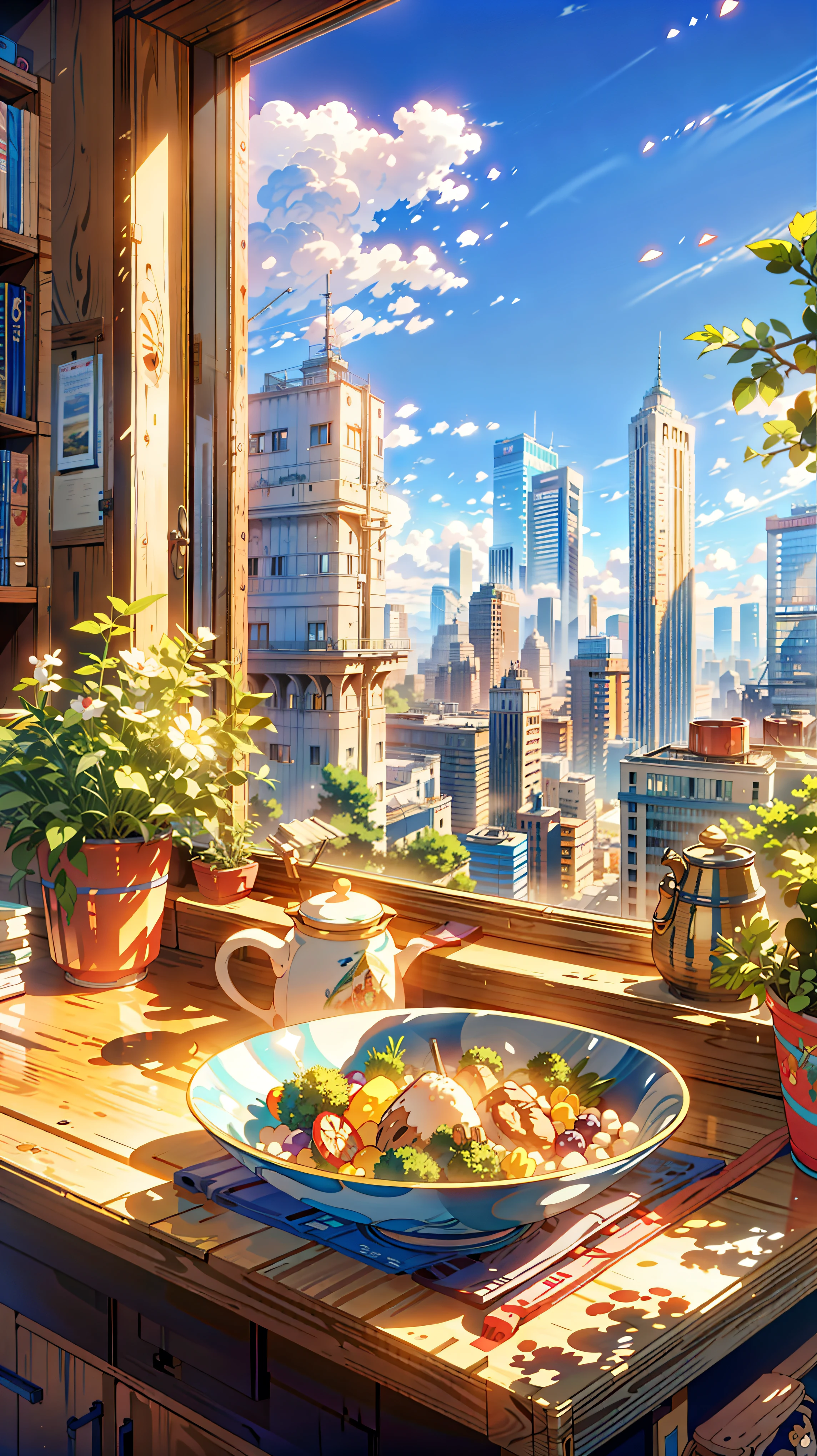 a painting of a bowl of food sitting on a counter in front of a window, hd anime cityscape, anime scenery, anime style cityscape, screenshot from a 2012s anime, cgsociety 9, anime scenery concept art, rio de janeiro in an anime film, still from anime, anime landscape, clean anime art, anime atmospheric, smooth anime cg art, anime background art, anime aesthetic, anime. by makoto shinkai, hd anime cityscape, anime scenery concept art, anime scenery, style of makoto shinkai, makoto shinkai art style, anime. by makoto shinkai, by Makoto Shinkai, by makoto shinkai, anime scenery, kyoto animation, 4k hd,, beautiful art uhd 4 k, a beautiful artwork illustration, beautiful digital painting, highly detailed digital painting, beautiful digital artwork, detailed painting 4 k, very detailed digital painting, rich picturesque colors, gorgeous digital painting, saturated, no human