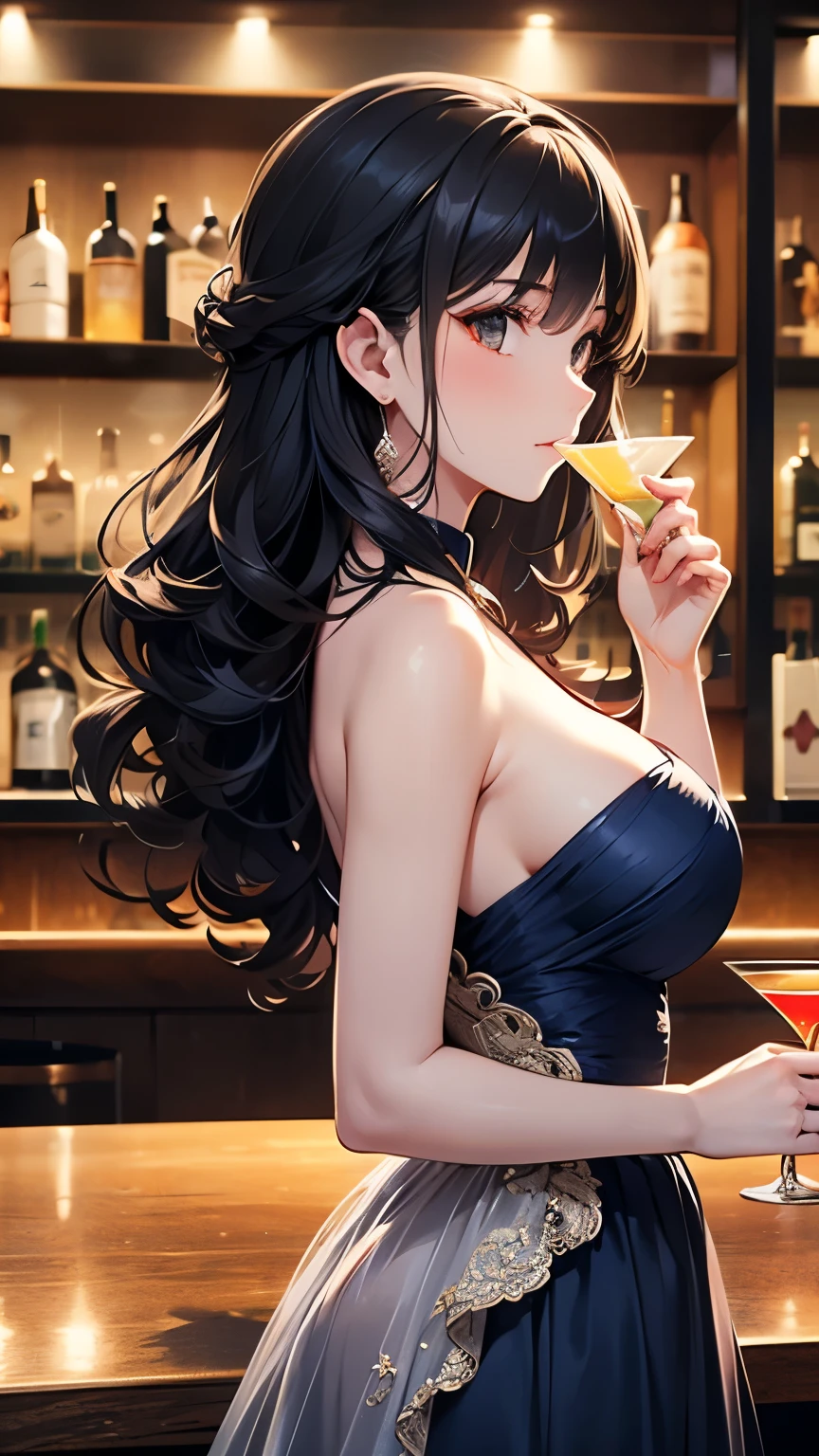 black hair, curly hair, sidelocks, big hair, modern, motion lines, viewfinder, from side, UHD, masterpiece, textured skin, super detail, best quality, Have a cocktail glass handy at an authentic bar with a calm atmosphere. Woman drinking martini, luxurious ball gown