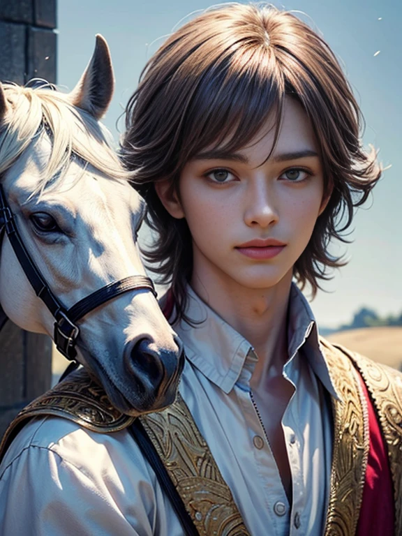 (masterpiece)), (((highest quality))), ((Very detailed)), ((shape)),[Realistic light effects],Handsome prince、Detailed face inside the castle、Bright expression、young, Brighter, 、Best Looks、Purple Eyes、Ultimate beauty、White hair with shiny highlights、Shiny bright short hair,、,Realistic Light, Detailed skin, (One beautiful 25-year-old prince:1.5), fine grain,,Next to the white horse