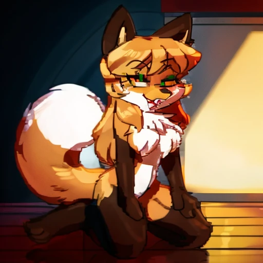 Nervous smiling, uploaded the e621, beautiful and detailed, woman (((female))) ((anthro)) Fox, (Averi, Fox girl), cinematic lighting, Fox, (anthro, fluffy fur, character focus:1.1), 1girl, anthro fox girl, body fur, curvy, sexy, nice, cute, hot, comfortable anime-style cartoon-style, digital drawing, (half-closed eyes), green eyes, SFW, on knees, smug, sassy hips, sassy, fangs