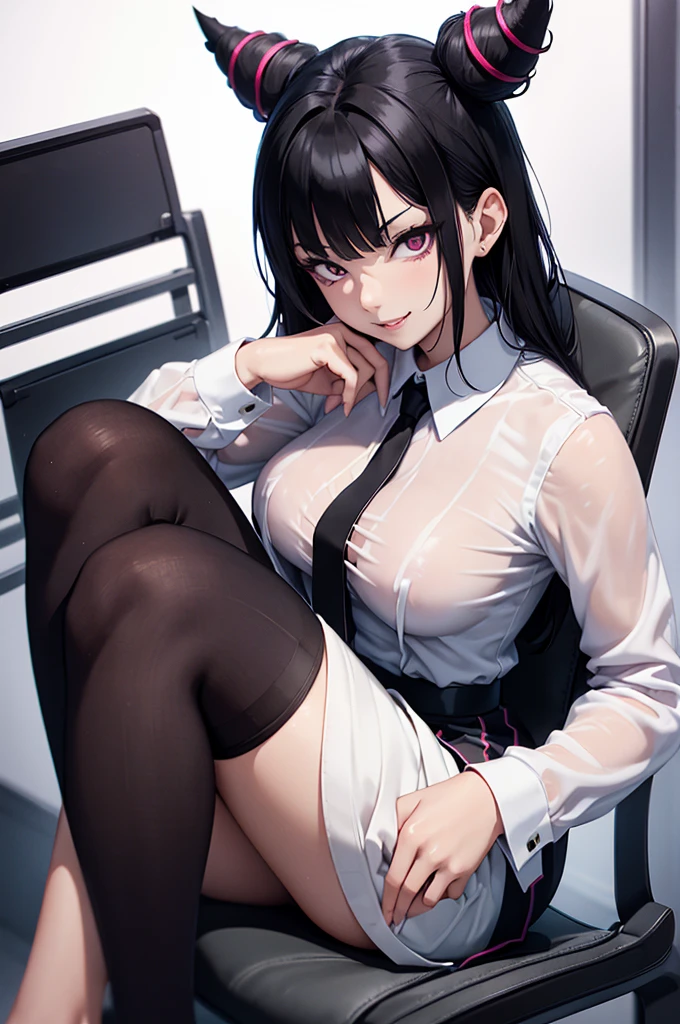 juri han,evil smile, work of art, tight white secretary shirt with black tie, black high waist skirt, short skirt, black hair, black tights, evil smile, office, bangs in the eyes, lighting, hair horn, vision of up, looking up, evil smile, sitting on an office chair, legs crossed
