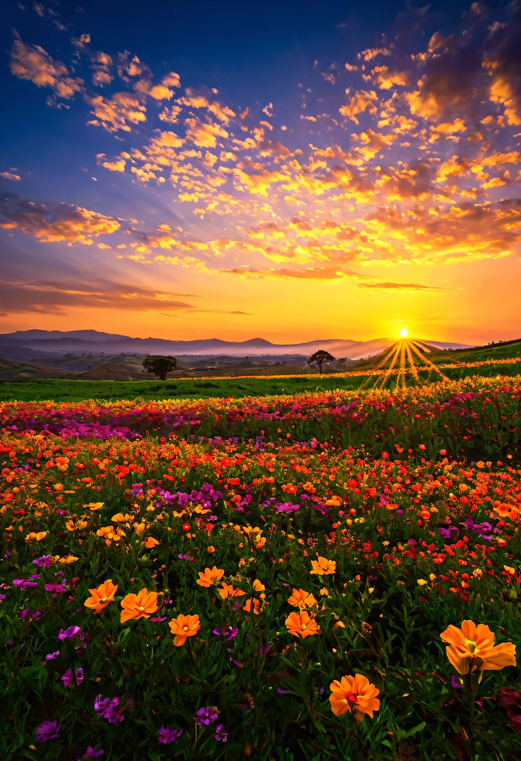 a beautiful sunset over a Campo de flores with a Campo de flores in the foreground, campos de flores, Campo de flores, campo de flores, atardecer floral, Entorno pintoresco y colorido, entorno vibrante, sunset warm spring, very hermoso paisaje, warm and beautiful scene, campo de floress, Paisaje perfecto, a Precioso paisaje, Precioso paisaje, campos detallados naturaleza, hermoso paisaje, extraordinario paisaje colorido