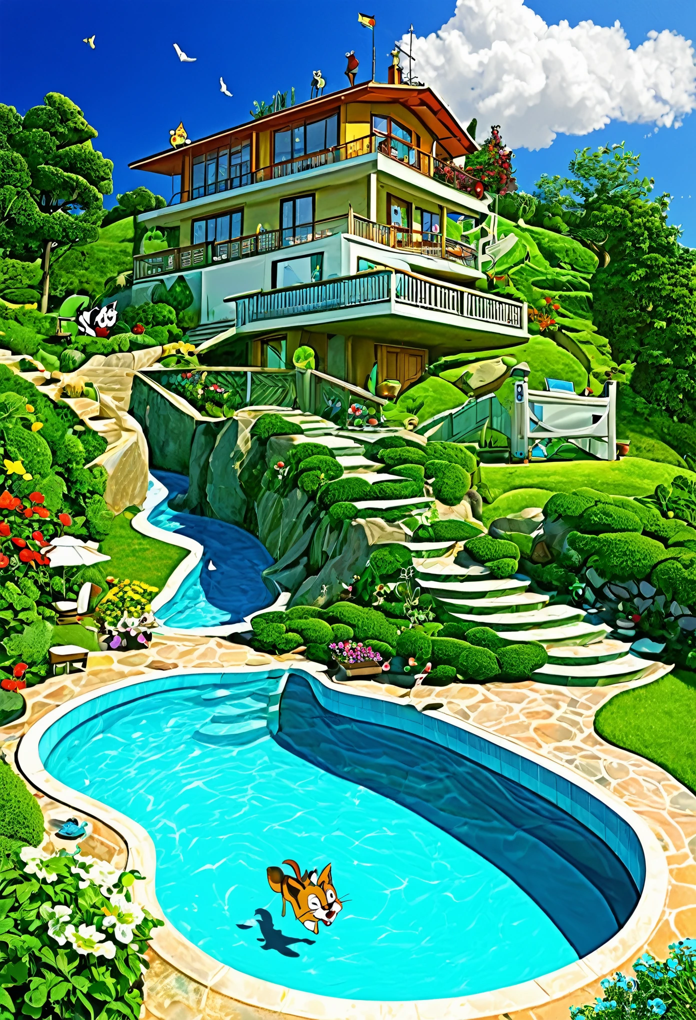 Tom and Jerry Cartoon, funny movement, home on top of mountain with swimming pool and garden, digital art