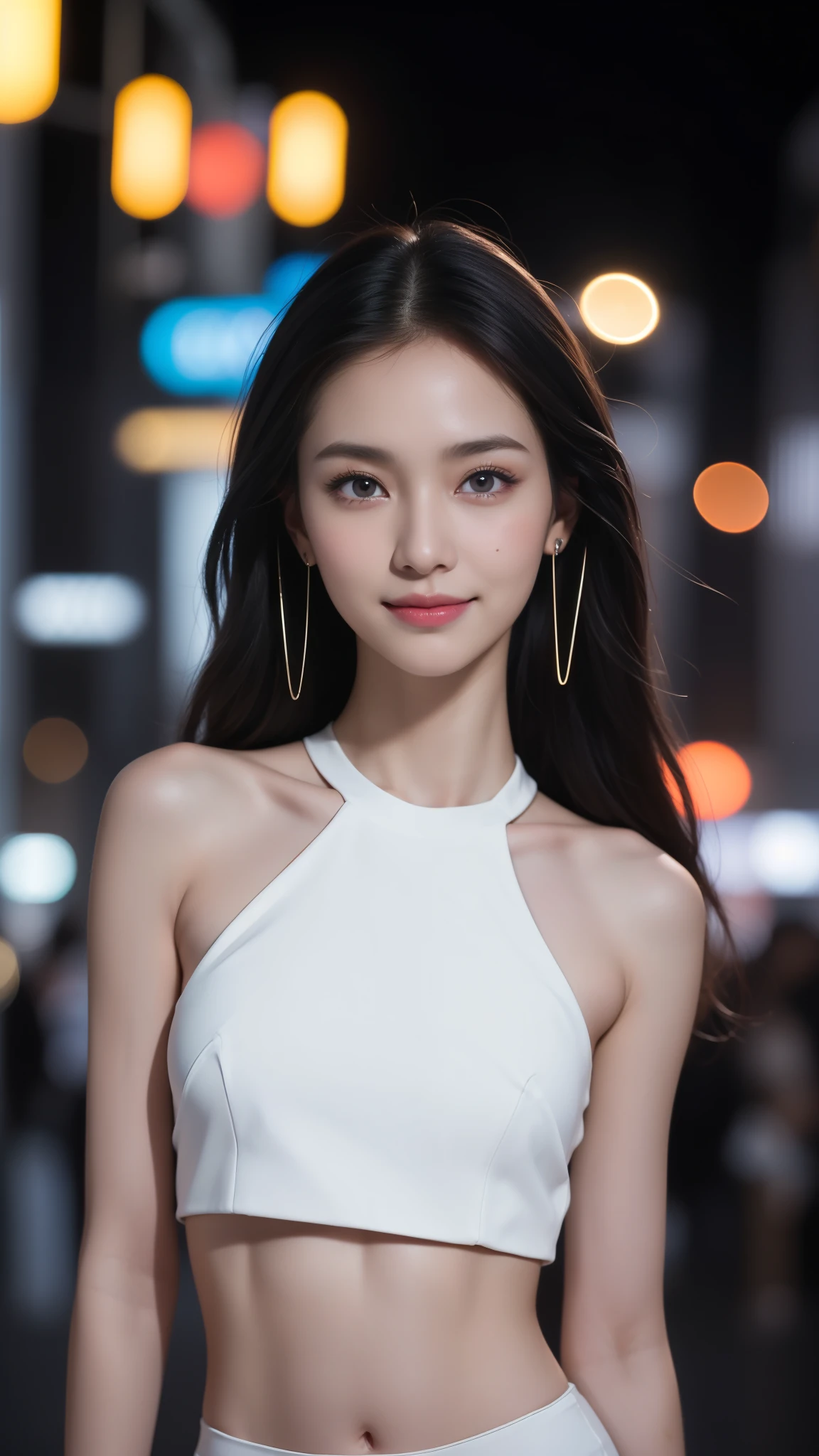 8k, Tabletop, RAW Photos, highest quality, Realistic, Highly detailed CG Unity 8k wallpaper, Written boundary depth, Cinematic Light, Lens flare, Ray Tracing, (Very beautiful face, Beautiful Lips, Beautiful Eyes), Exquisitely detailed face, ((Highly detailed skin)) One Girl, In the Dark, Deep Shadow, Cute Korean Girl, K-POPアイドル, 1 girl, (Very slim and slender fit muscular body:1.3), ((View Audience)),(Big smile:1.3), (Fashion City Night, Dark Night, (Neon Signs), (Blurred Background), Fashion Street Night),(No people in the background:1.3), Beautiful earrings, bracelet, pantyhose, Clear Eyes, walk, (Pale skin), (Big eyes), I&#39;m looking forward to, (Brown Hair), (Full Body Shot), ((Silk Chinese Dress:1.3)), ((Tight Fit Dress)), , (View Audience:1.3) Open chest, Very slim, Huge , Backtrack, (shrapnel), I focus, In front of eyebrows,(Tight dress), Thick thighs,Beautiful ponytail