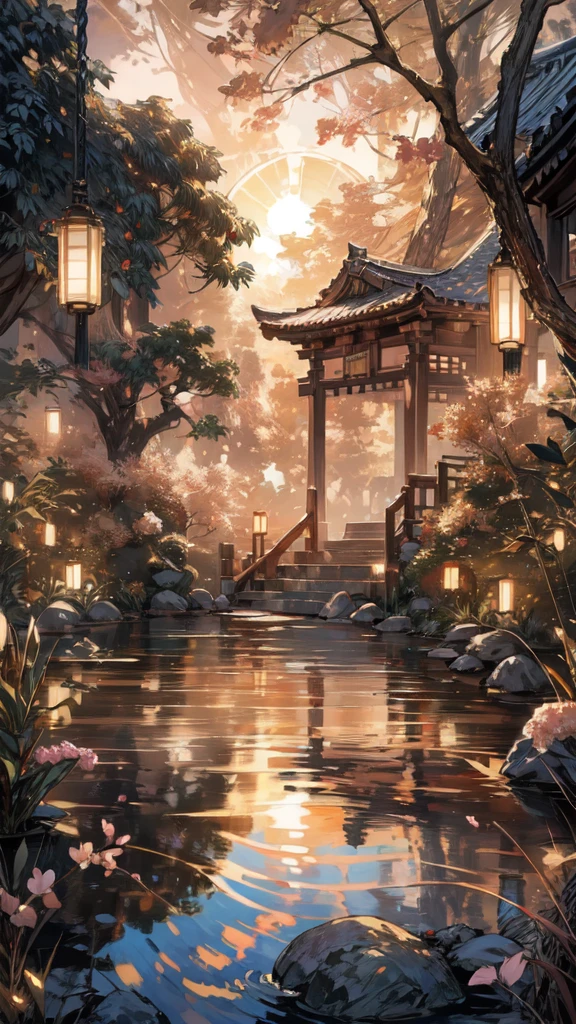scenery of a ancient japnese house with many lanterns hanging, cherry blossom tree,beautiful pond reflecting the tea house lamps, ((golden hour:1.5)) scenary, water, anime art , wallpaper 8 k, anime background art, anime art , digital painting, concept art, ultra HD , beautiful trees beside ponds, small rock in the pond, contrast,