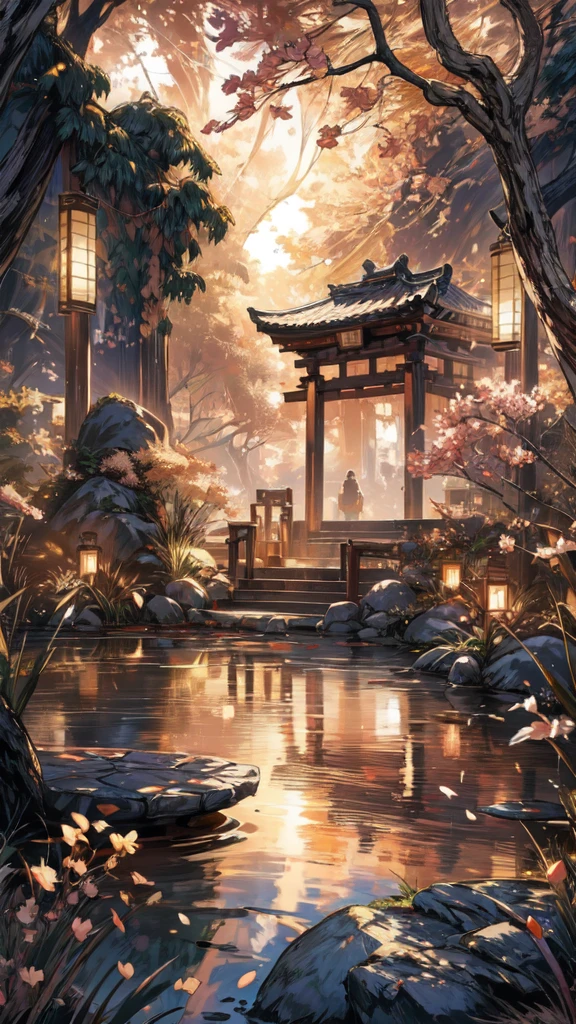 scenery of a ancient japnese house with many lanterns hanging, cherry blossom tree,beautiful pond reflecting the tea house lamps, ((golden hour:1.5)) scenary, water, anime art , wallpaper 8 k, anime background art, anime art , digital painting, concept art, ultra HD , beautiful trees beside ponds, small rock in the pond, contrast,