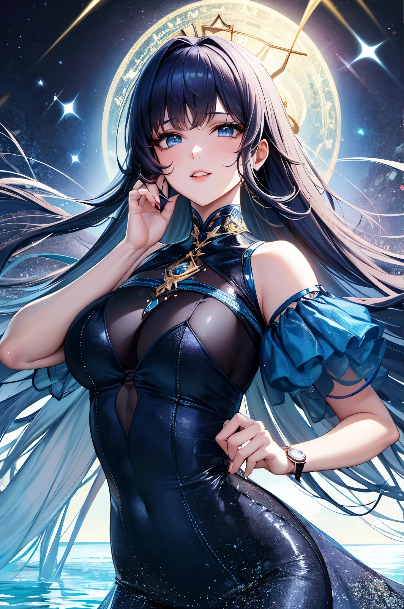 ( high quality , Super detailed, Watch your hands )Zodiac sign - Goddess of Sagittarius , Similar to the goodness of Latin . Optimistic, fair, Funny and intelligent face . recklessness, Ruthless, impatient, Overconfident style . Dark blue eyes (Eye details) , Sparkling deep blue hair , Transparent dress , In the sea of shining stars , whole body , Fire makeup look , God Chiron