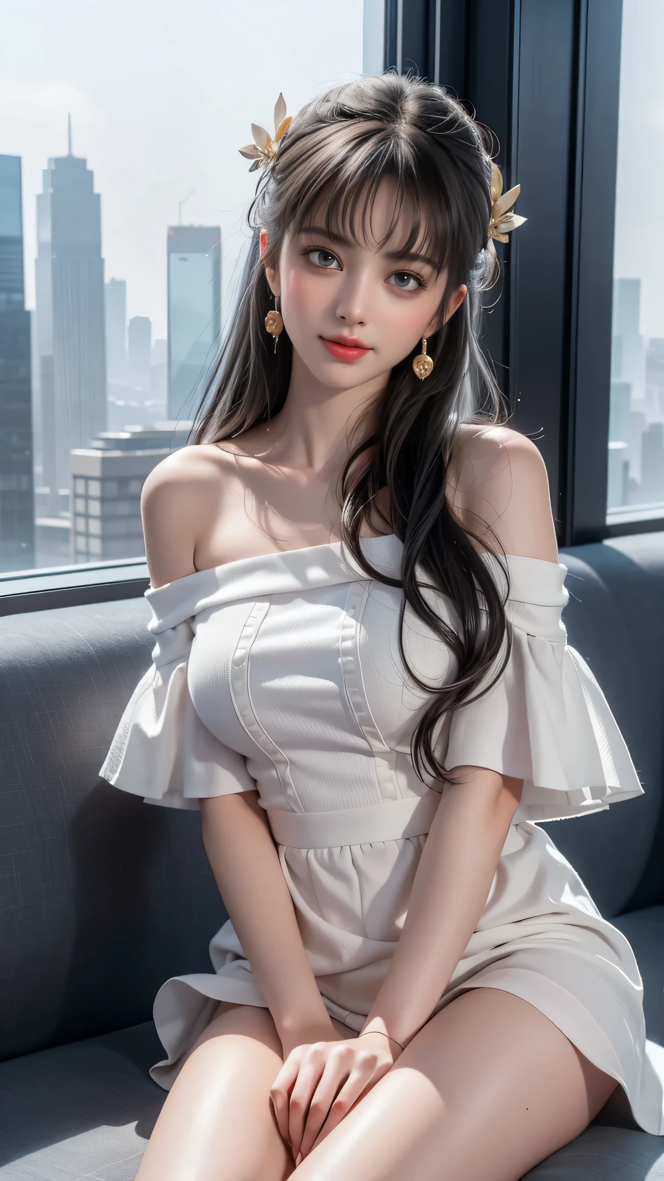 (Girl sitting on sofa in office)、Beauty、 One Girl、alone、Long Hair、Viewer、smile、blue eyes、hair ornaments、、gem、Gray Hair、Shut your mouth、Blunt bangs、Manicure、bracelet、lips、Grey Eyes、Portraiture、Red nails、close、Red lips、Put your hands on your face、Place your hand on your cheek、()、(Shiny skin)、((Skyscrapers are hazy outside the window))、(Off-shoulder white dress with floral pattern),),((Girl with her legs slightly apart)),(Leg spread),((White panties are visible)),(Lift-up skirt)、
