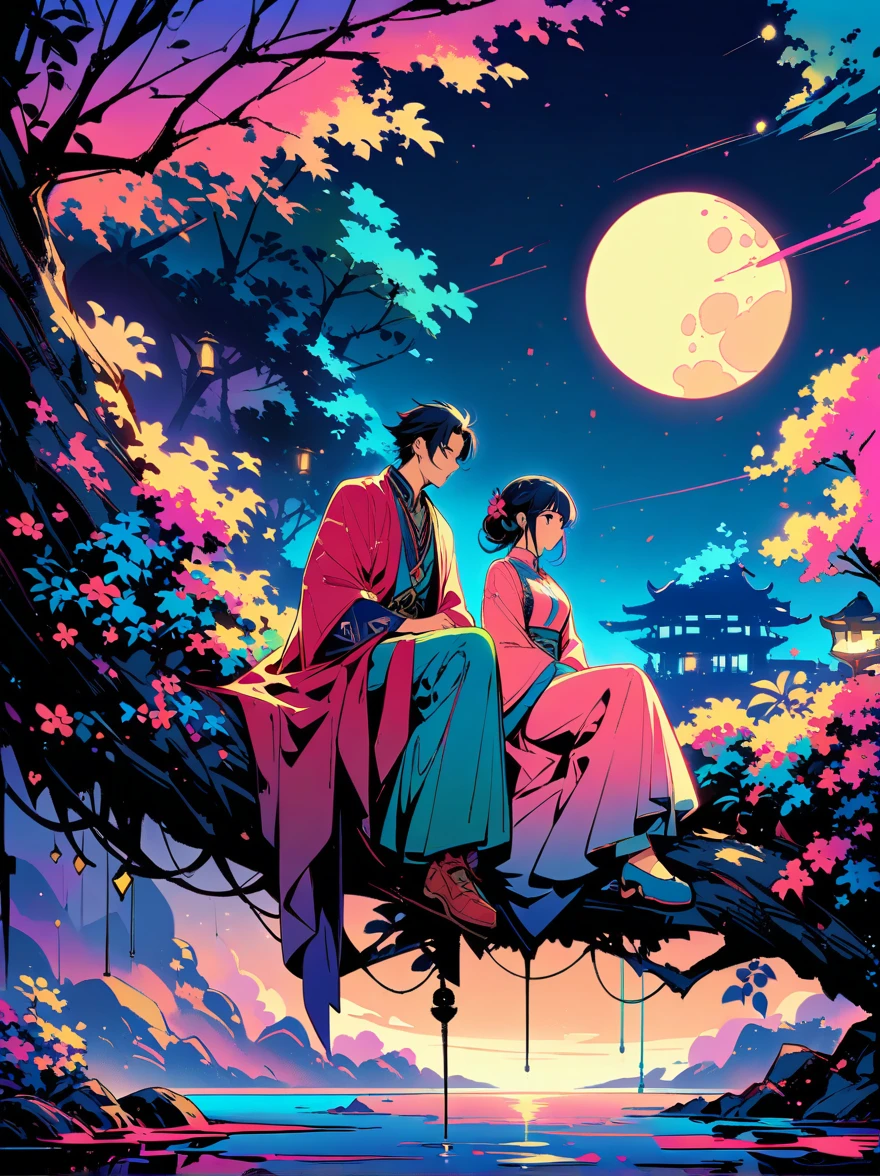 yinji，Romantic ancient style，night，Backlight，A man and a woman sitting on a tree branch，There is a full moon behind，Fresh colors，Soft colors，Diode lamp，Concept art style，Extremely complex details，Clear distinction between light and dark，Structured，Ultra HD, 1yj1