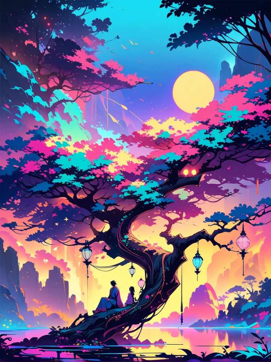 yinji，Romantic ancient style，night，Backlight，A man and a woman sitting on a tree branch，There is a full moon behind，Fresh colors，Soft colors，Diode lamp，Concept art style，Extremely complex details，Clear distinction between light and dark，Structured，Ultra HD, 1yj1