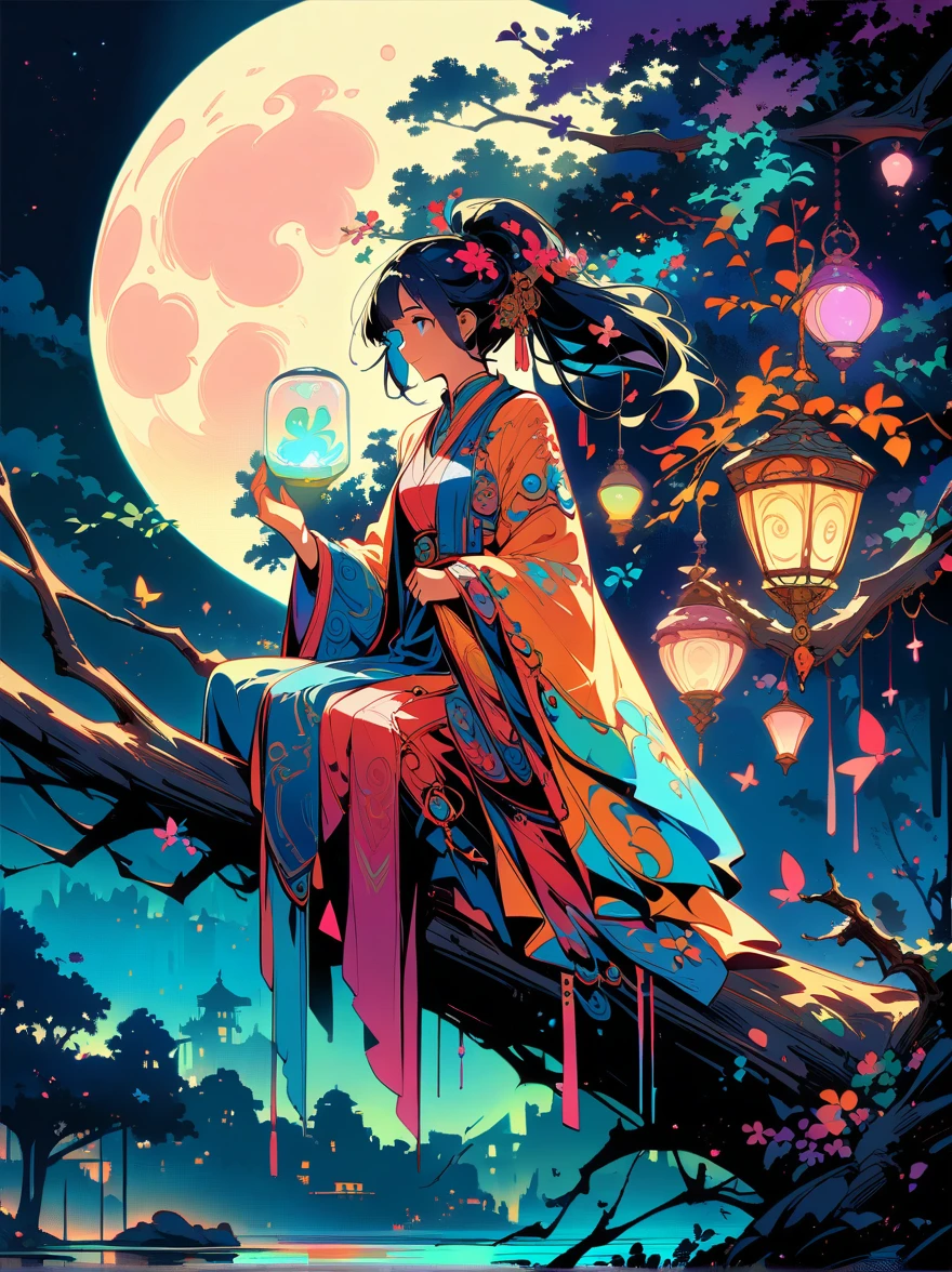 yinji，Romantic ancient style，night，Backlight，A man and a woman sitting on a tree branch，There is a full moon behind，Fresh colors，Soft colors，Diode lamp，Concept art style，Extremely complex details，Clear distinction between light and dark，Structured，Ultra HD, 1yj1