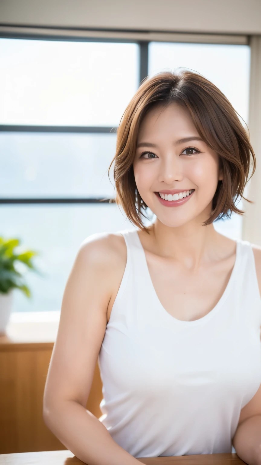 Tabletop, Beautiful woman, (30 years old、Japanese), (Background of a large window with a view of the sea、mechanical、Villa area、Seaside Mansion、High ceilings、White wall、White floor), ,(((White Tank Top、Black spats))), (((Short Hair、Bob Hair, Brown Hair))), (D cup breasts:1.3)、feet, (Skin Texture:1.1), highest quality, 超A high resolution, (Realistic: 1.4), RAW Photos, , Nikon D850 film stock photo, f1.6 Lenses, Rich colors, Realistic, Cinestill 800, Backlight, Rim Light, Studio Lighting, (Bright smile:1.5)