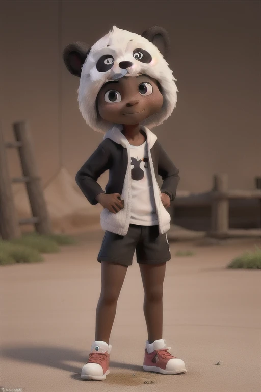 Obten una imagen de un panda animado que tenga puesto una gorra negra con una sudadera negra y una camisa blanca