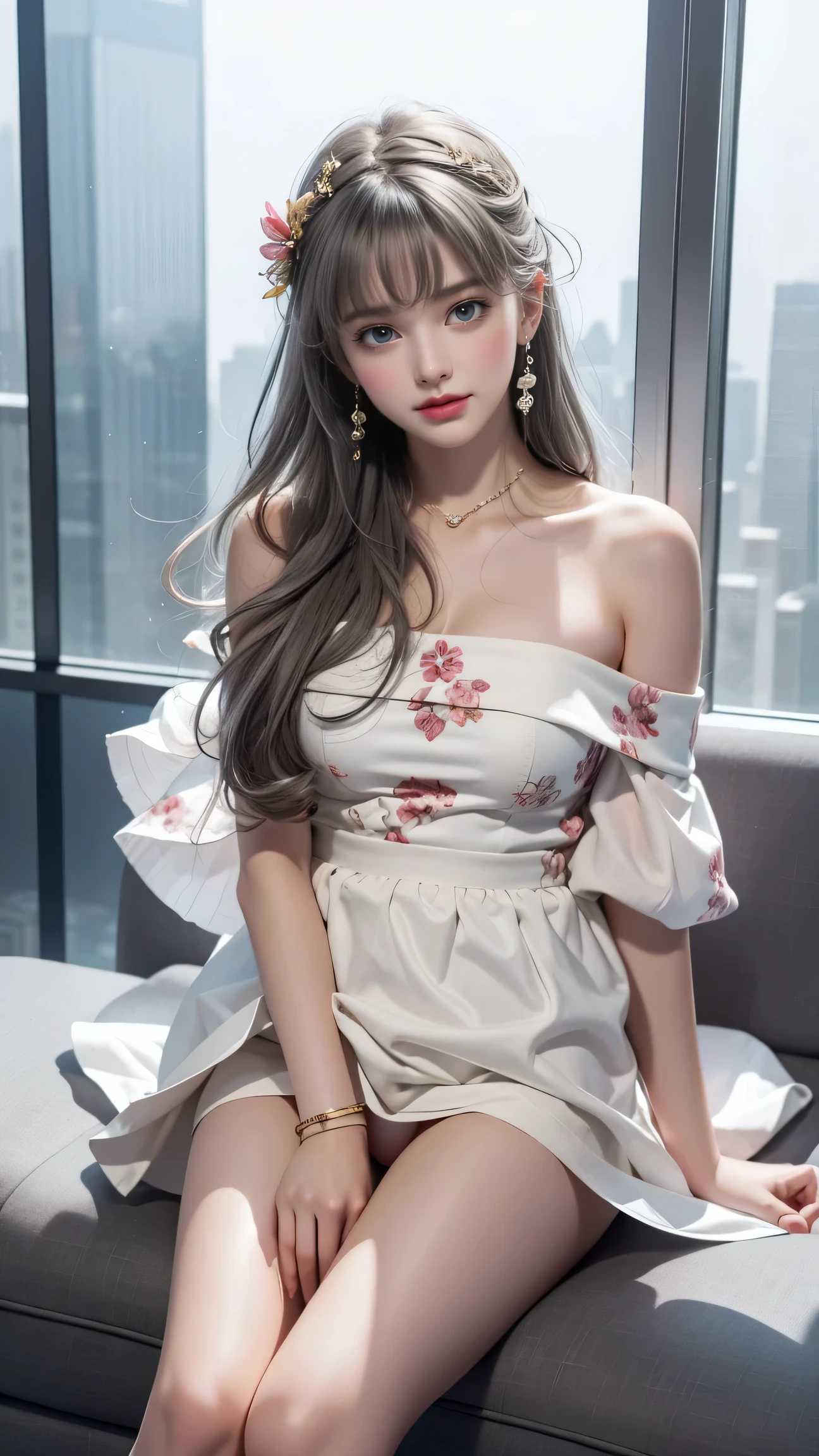 (Girl sitting on sofa in office)、Beauty、 One Girl、alone、Long Hair、Viewer、smile、blue eyes、hair ornaments、、gem、Gray Hair、Shut your mouth、Blunt bangs、Manicure、bracelet、lips、Grey Eyes、Portraiture、Red nails、close、Red lips、Put your hands on your face、Place your hand on your cheek、()、(Shiny skin)、((Skyscrapers are hazy outside the window))、(Off-shoulder white dress with floral pattern),),((Girl with her legs slightly apart)),(Leg spread),((White panties are visible)),(Lift-up skirt)、