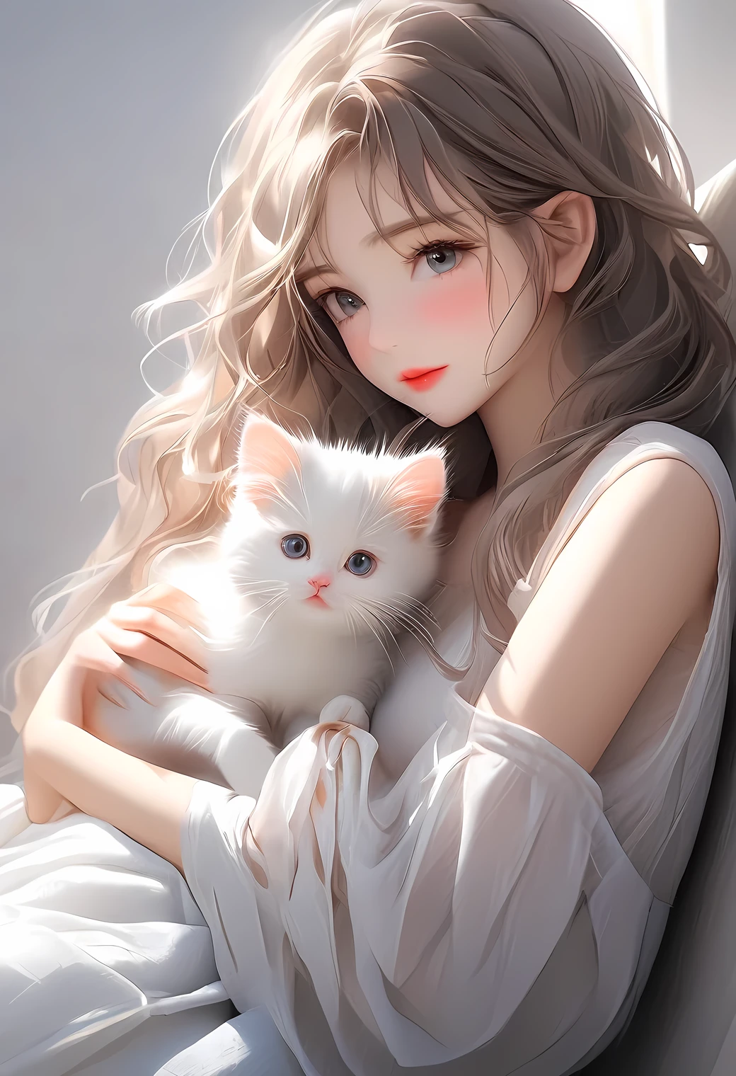 raw photo, beautiful cute girl, perfect beauty, cute girl, leaning back, holding kitten