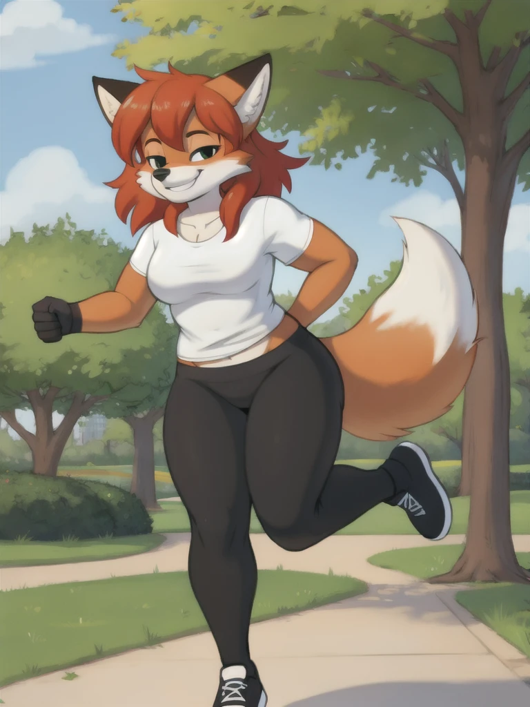 Furry, fox, smile, black leggings, white shirt, jogging, solo, park
