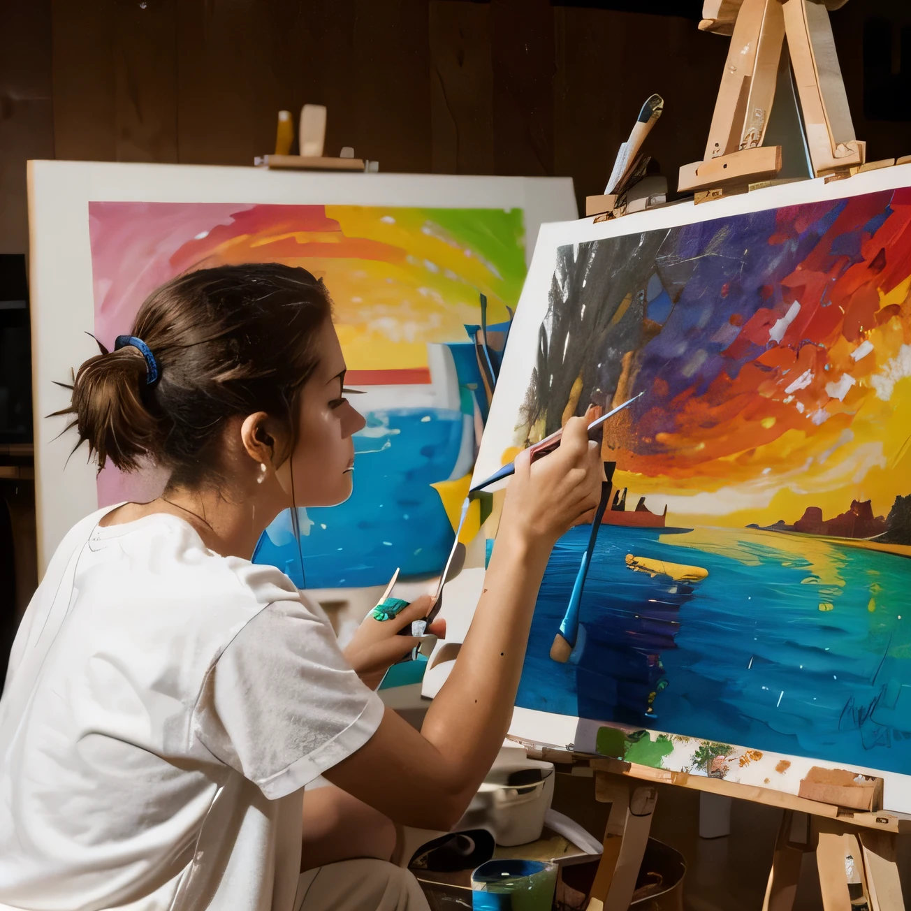 Photograph of an artist painting a colorful picture.